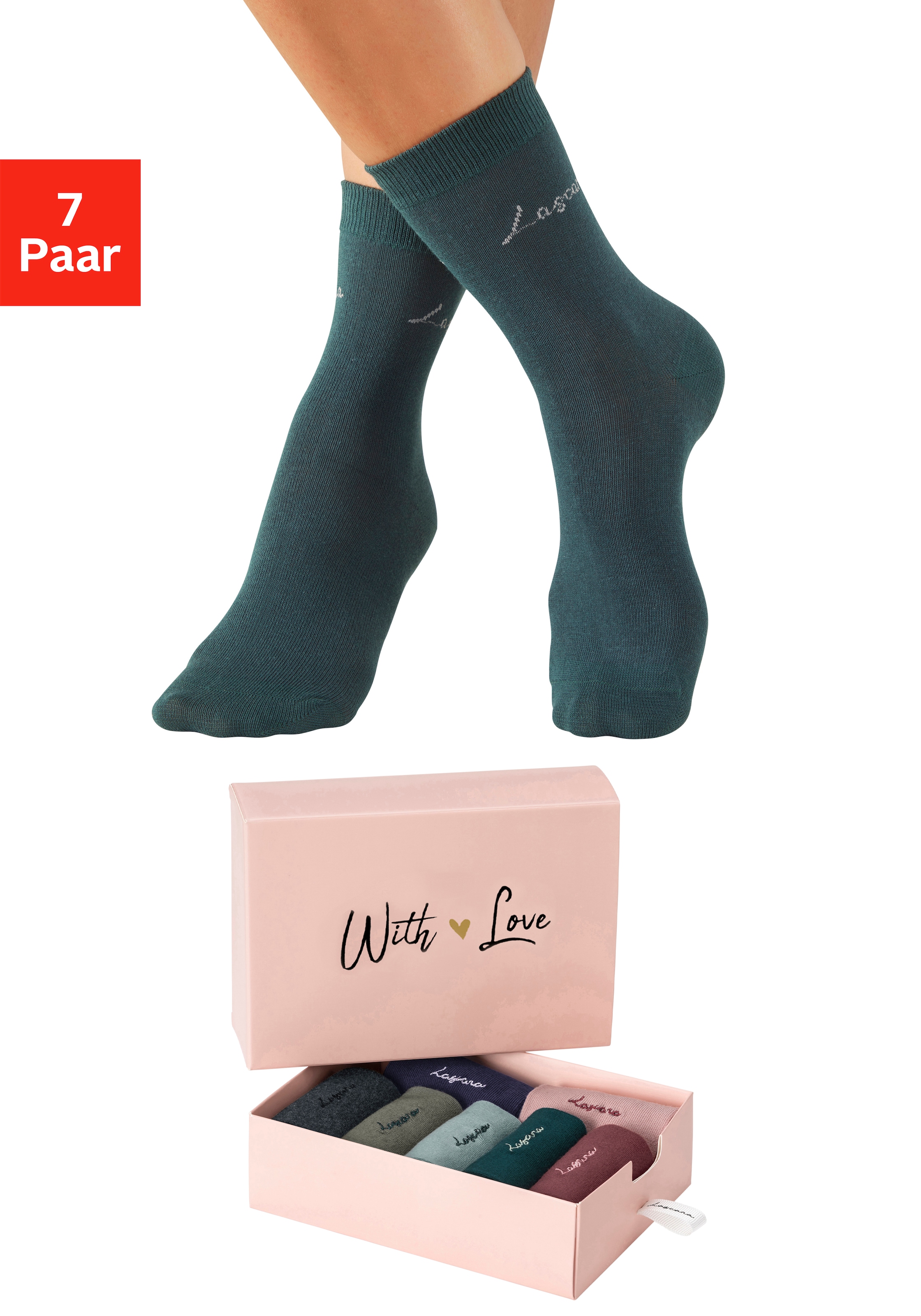 LASCANA Basicsocken "für Damen mit eingestricktem Markenlogo" Box, 7 Paar tlg. in ansprechender Geschenkbox