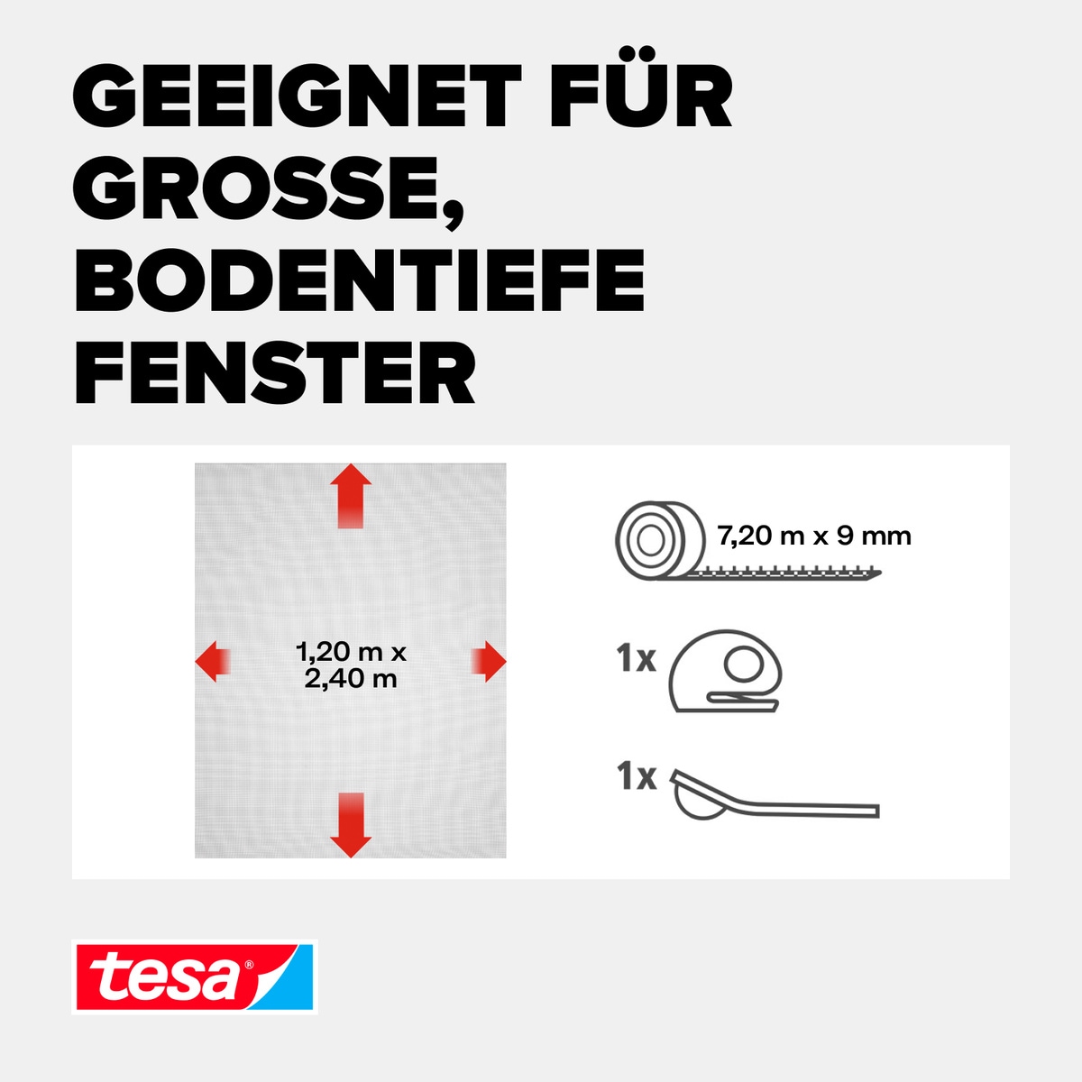 tesa Insektenschutz-Fensterrahmen »Insect Stop Comfort Fliegengitter bodentiefe Fenster - 1.2m : 2.4m«, Insektenschutzgitter - ohne Bohren - zuschneidbar