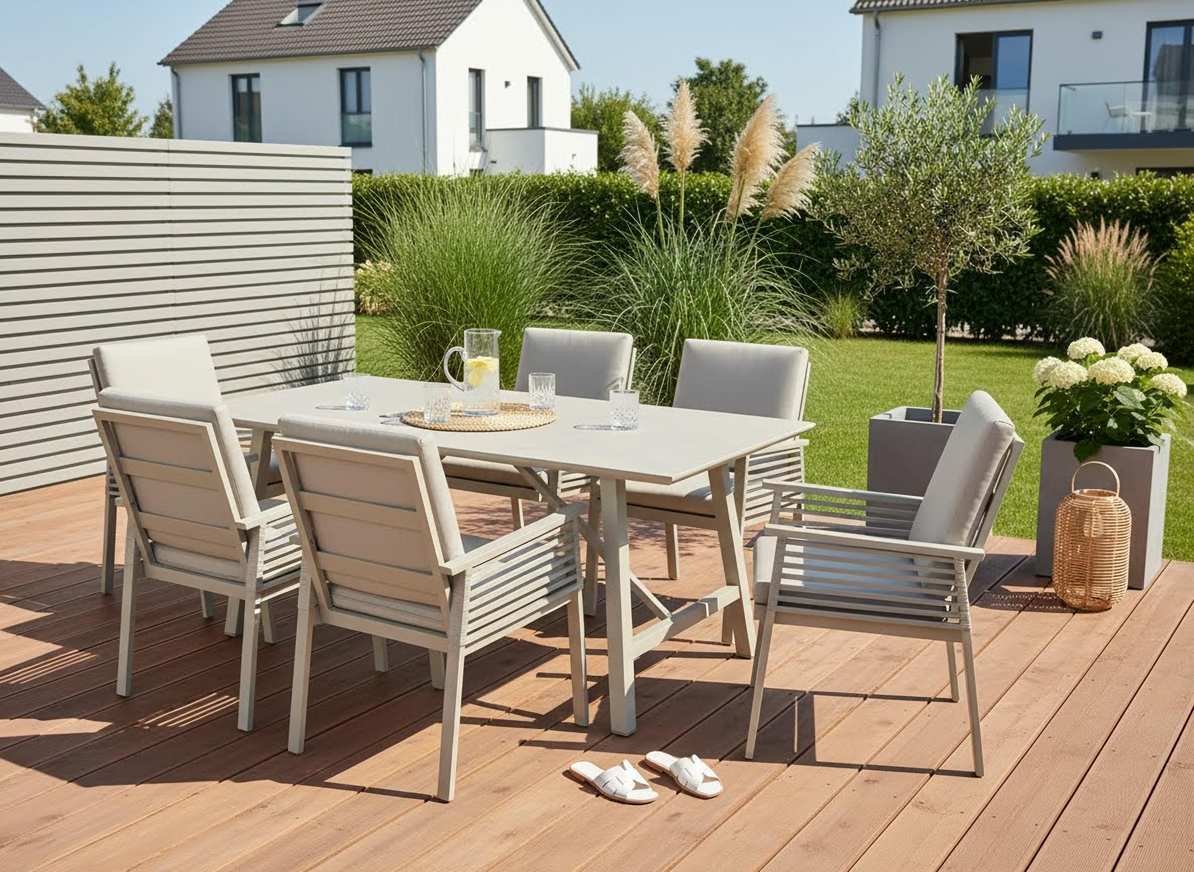 KONIFERA Garten-Essgruppe "Edessa" Set, 19 tlg. tlg. bestehend aus 6 Sesseln mit Auflagen, 1 Tisch
