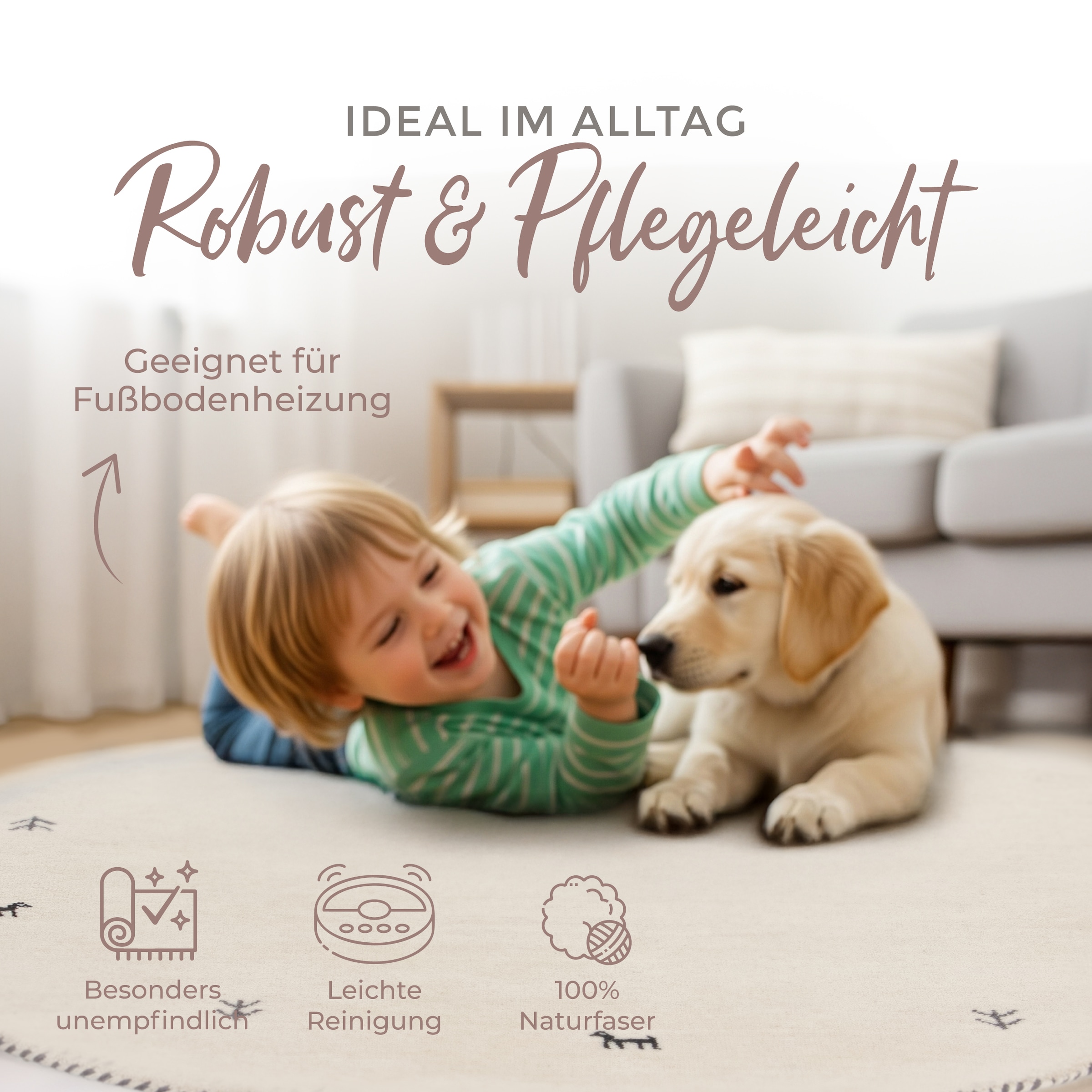 carpetfine Wollteppich »Gabbeh Uni« rund 15 mm Höhe reine Wolle handgewebt, Gabbeh Tiermotiv warmes Raumklima viele Größen