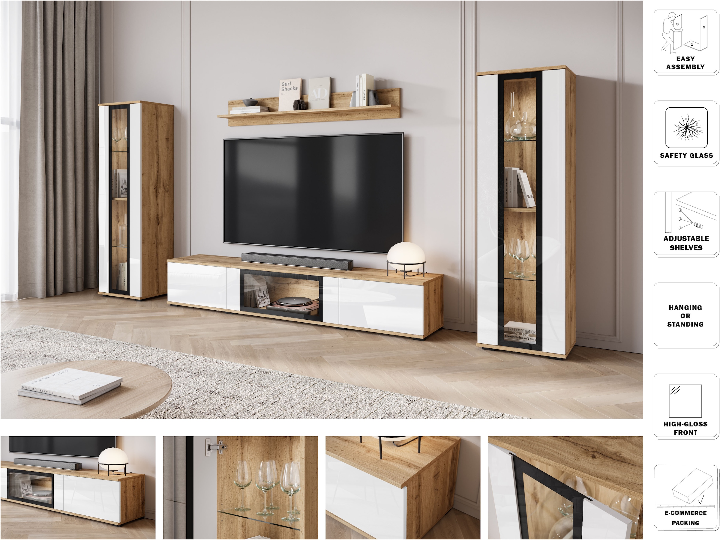 INOSIGN Wohnwand »Caro, stehend und hängend montierbar«, (Komplett-Set, 4 St., Vitrine Türanschlag links/rechts wechselbar), grifflose Design, höhenverstellbare Einlegeböden