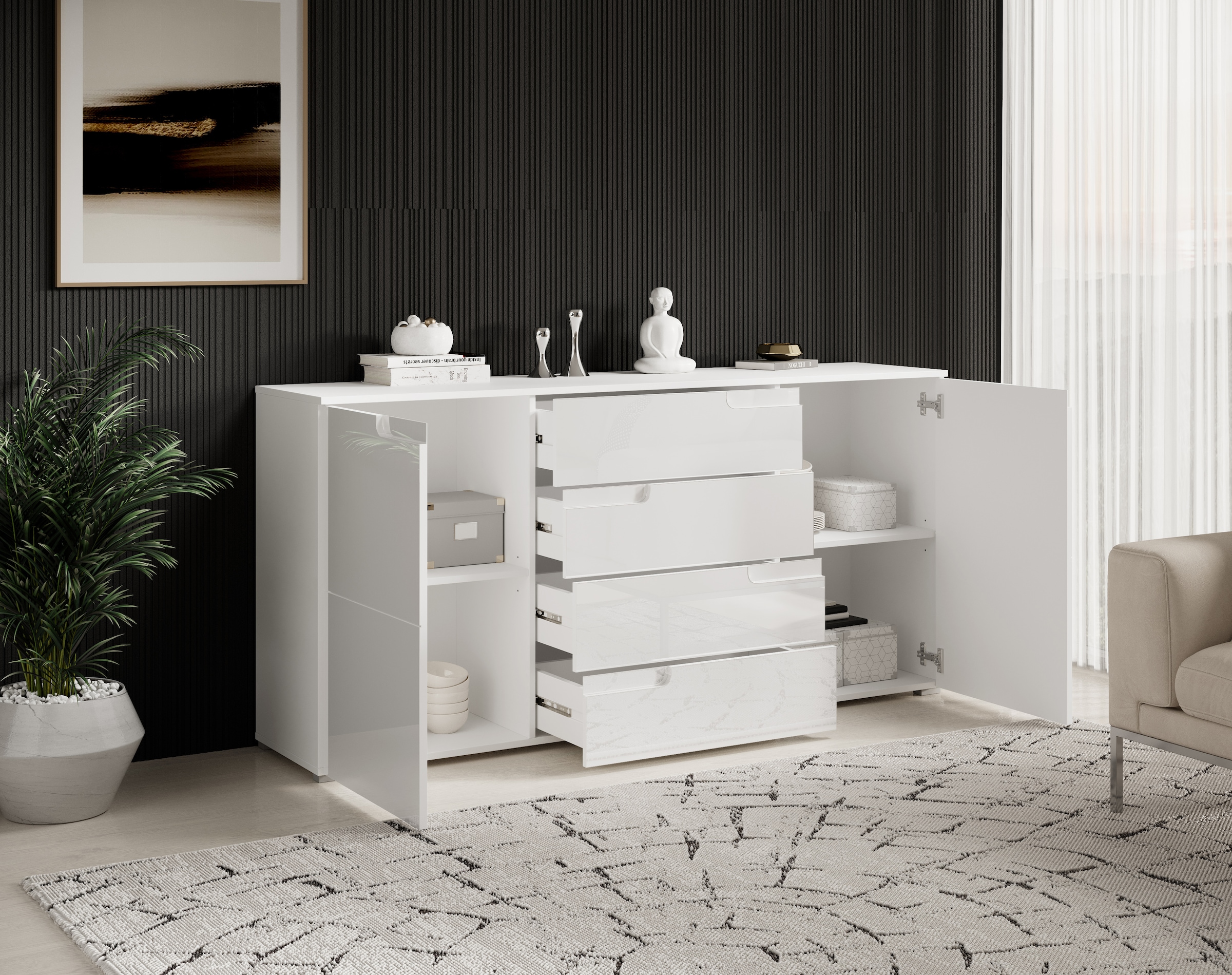 HBZ Sideboard »Spice weiß Hochglanz, Wohnzimmerschrank BxHxT 165x80x40 cm«, (1 St.), Mit 2 Türen, 4 Schubkästen, 2 Einlegeböden verstellbar