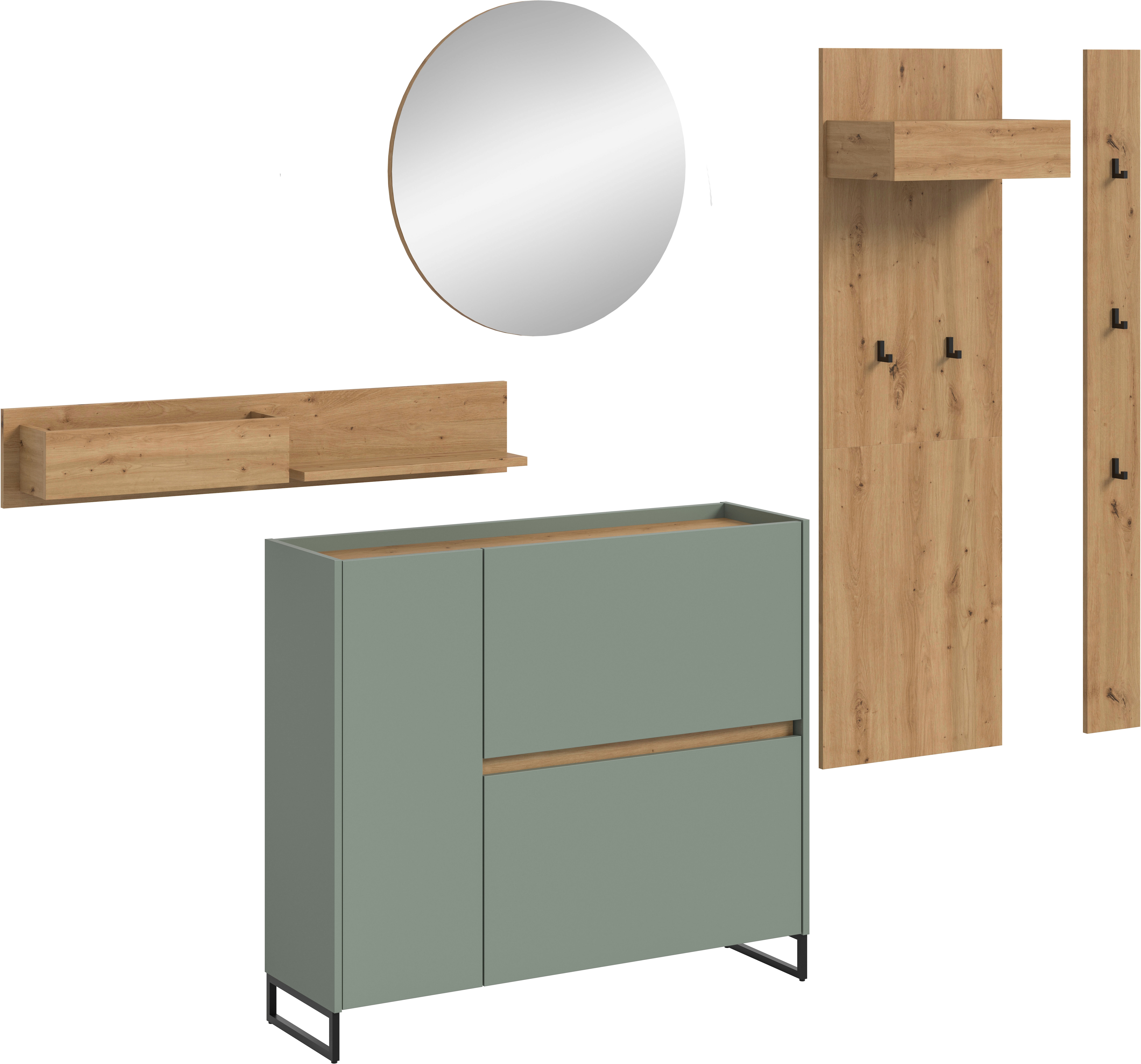 Home affaire Garderoben-Set "EVRID, 5-teilig, Breite 236 cm, individuell stellbar & erweiterbar" best. aus.: Wandboard, Kommode, Spiegel, Garderobenpaneel, Hakenleiste, 5 Stk. tlg.