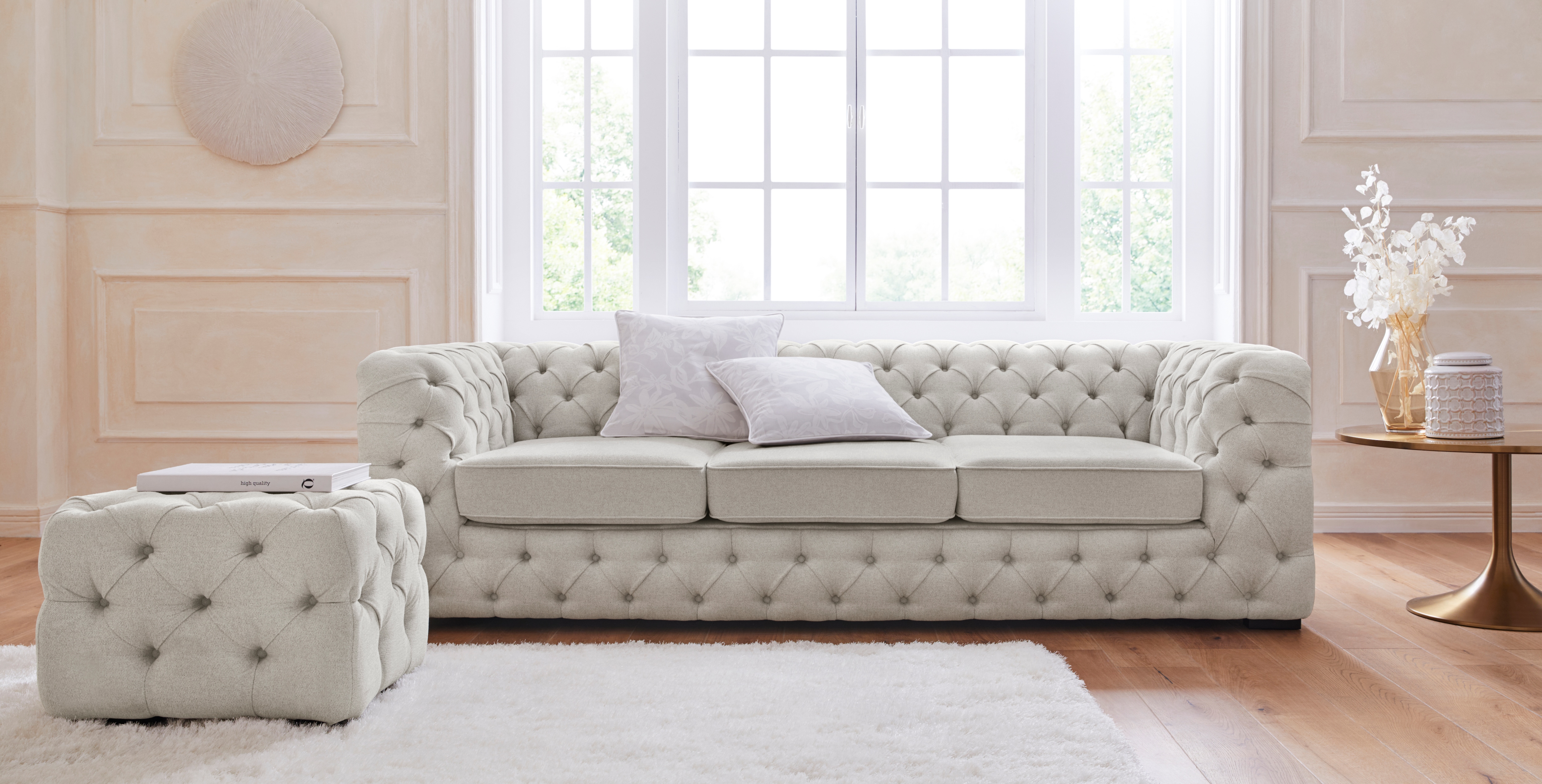 Home affaire Chesterfield-Sofa "Kalina, B: 230cm, handgefertigt, hochwertiger Stoff und Leder" klassische Chesterfield-Knopfheftung, sehr hochwertige Verarbeitung