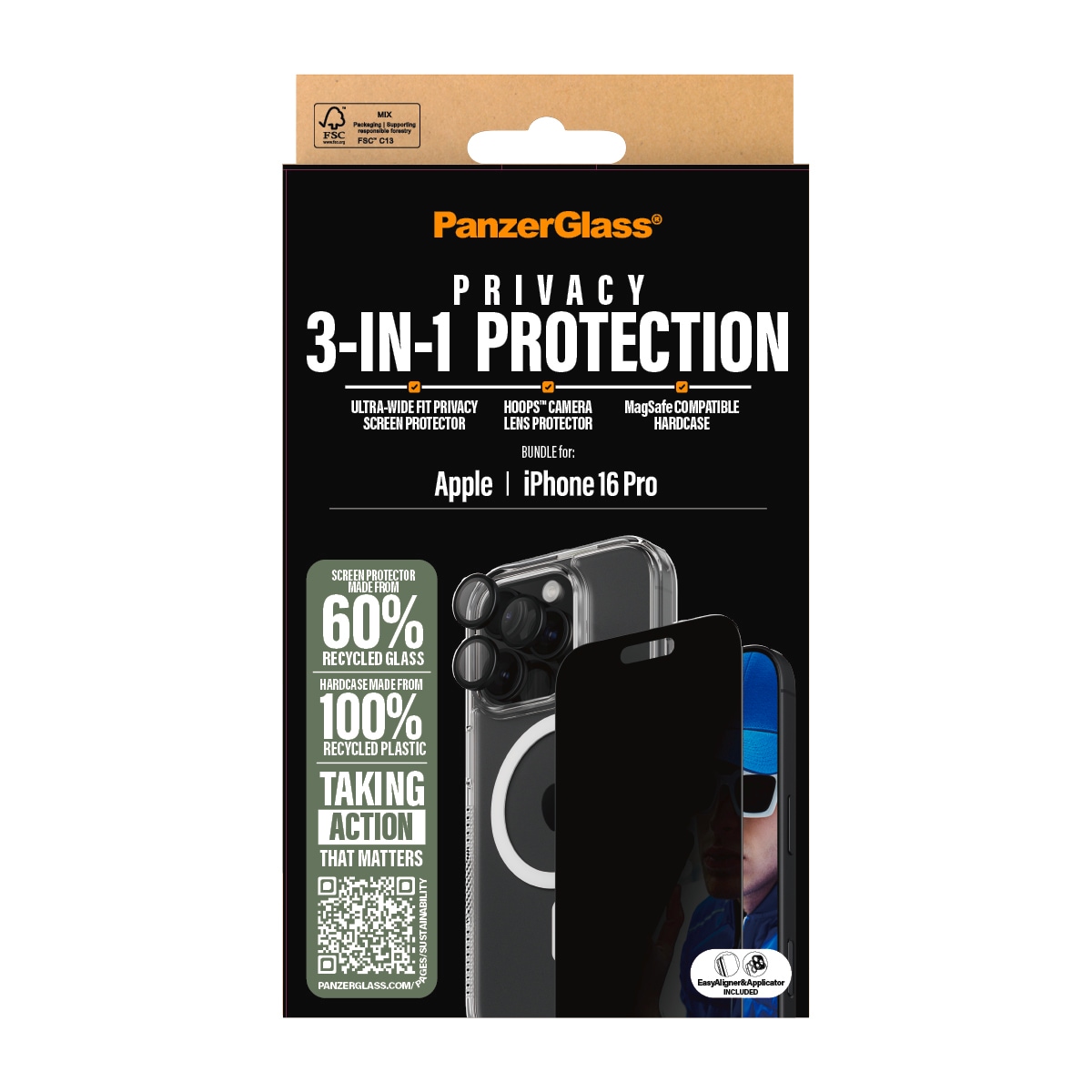 PanzerGlass Displayschutzglas »3-in-1 Privacy Protection, Glass, Hoops, Case«, für Apple iPhone 16 Pro, Displayschutzfolie, Schutzfolie, Bildschirmschutz, kratz- & stoßfest