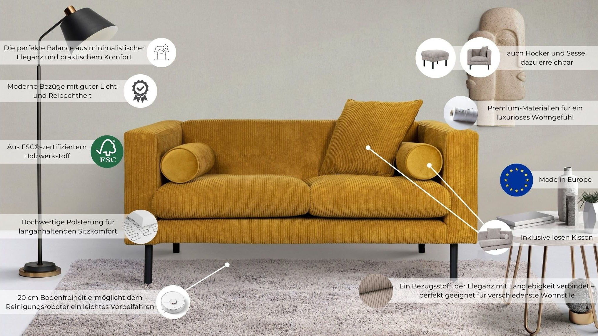 Thumbnail - Guido Maria Kretschmer Home&Living 2-Sitzer "Lillibeth Designsofa mit Wellenunterfederung, Maße B/T/H: 155/74/83 cm", Zi...