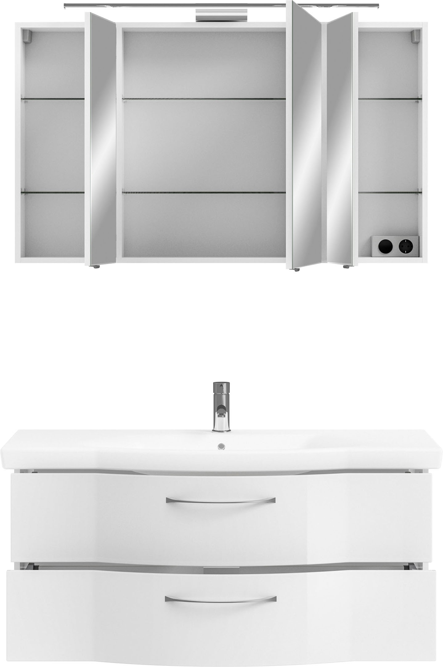 Saphir Badmöbel-Set »6005 Sprint Keramik-Waschtisch mit LED-Spiegelschrank, 122 cm breit«, (2 St.), Waschplatz inkl. Türdämpfer, 3 Türen, 2 Schubladen, Waschtisch Set