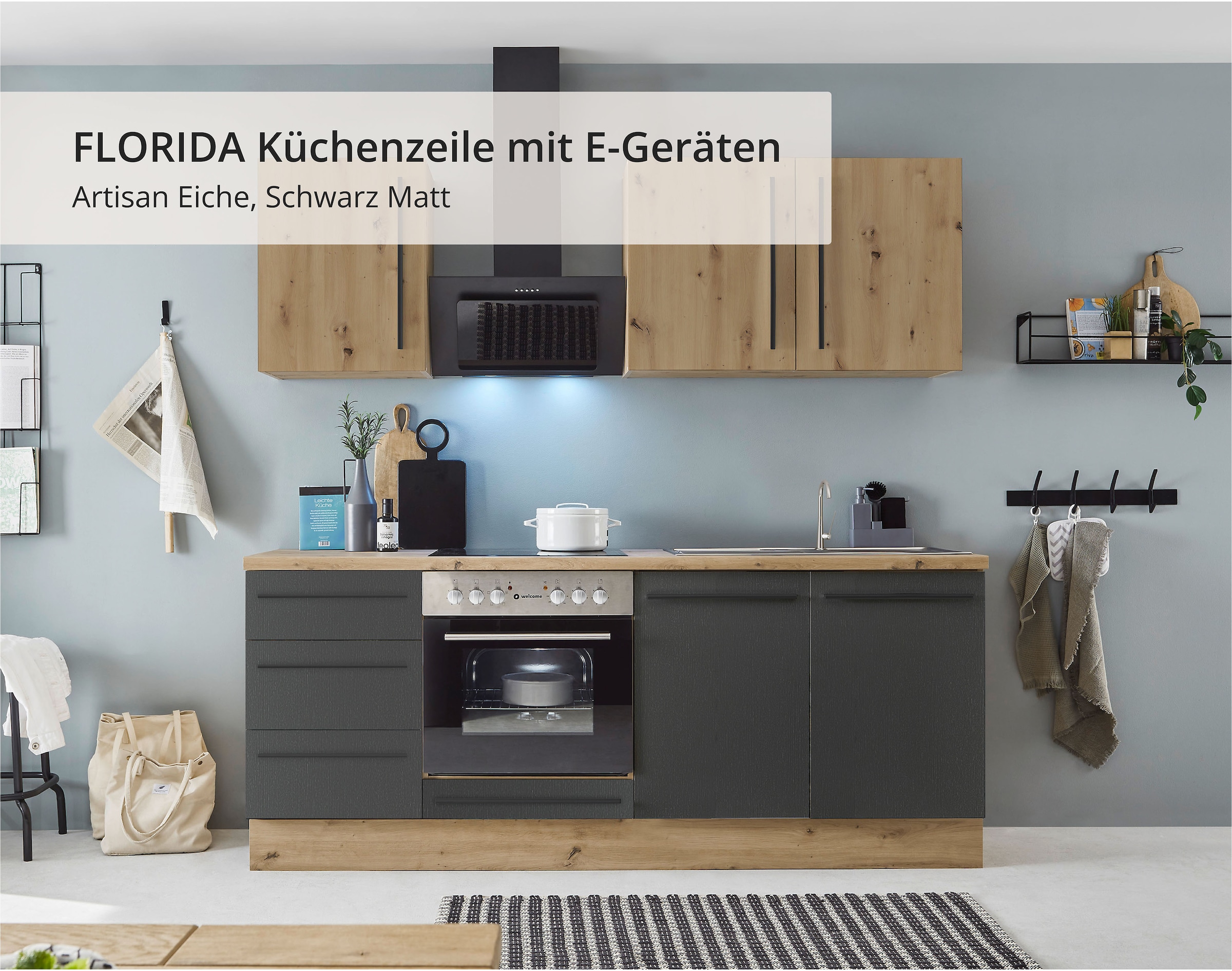 KOCHSTATION Küchenzeile »KS-Florida mit 38mm starker Arbeitsplatte«, Breite 210 cm, wahlweise mit E-Geräten, Soft-Close-Funktion