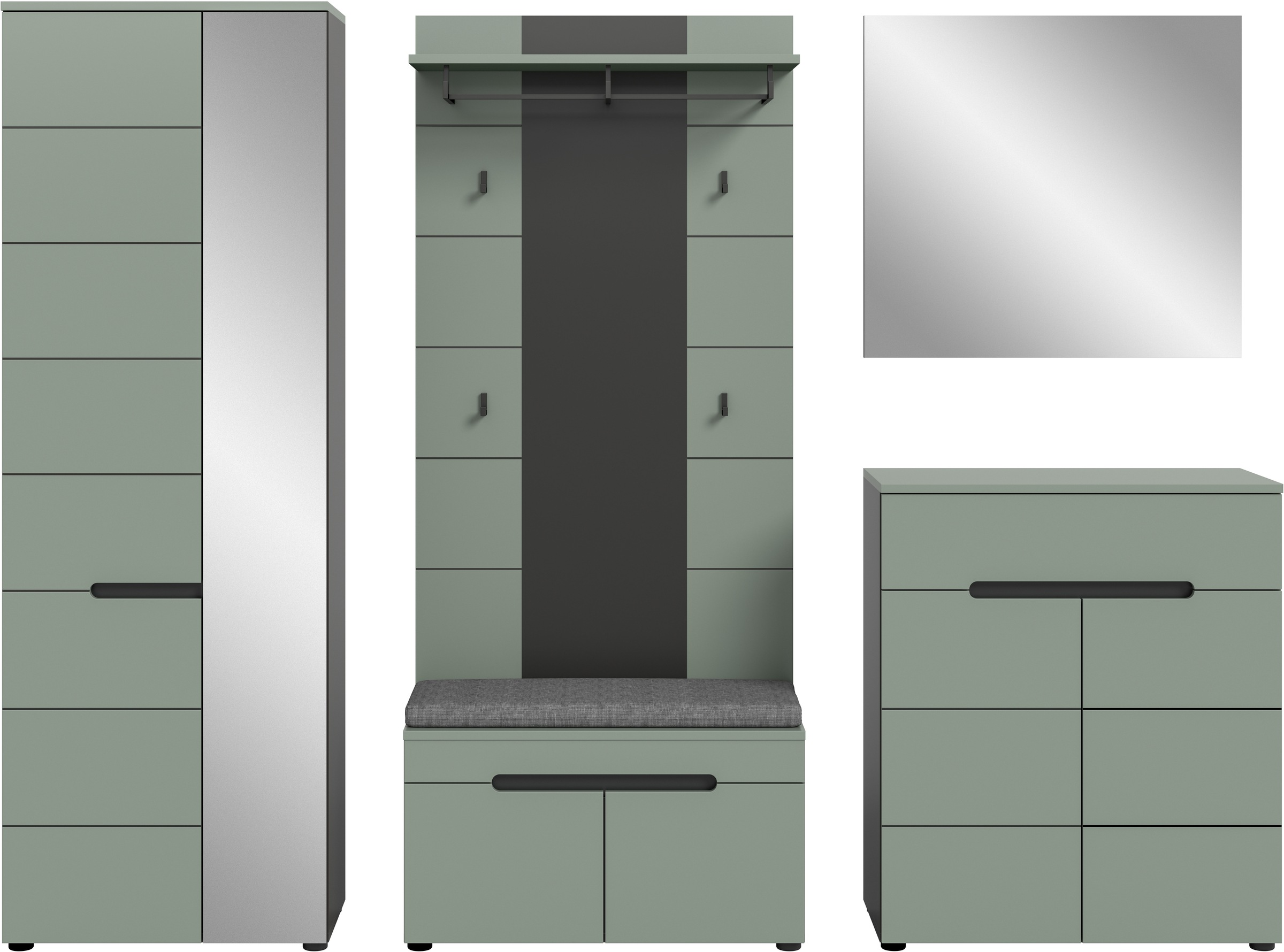 INOSIGN Garderoben-Set, (Set, 6 St., bestehend aus: Schrank, Sitzbank, Sitzkissen, Paneel, Spiegel, Kommode), Garderobenkombination, Kombination, Set, Flurgarderobe, Diele