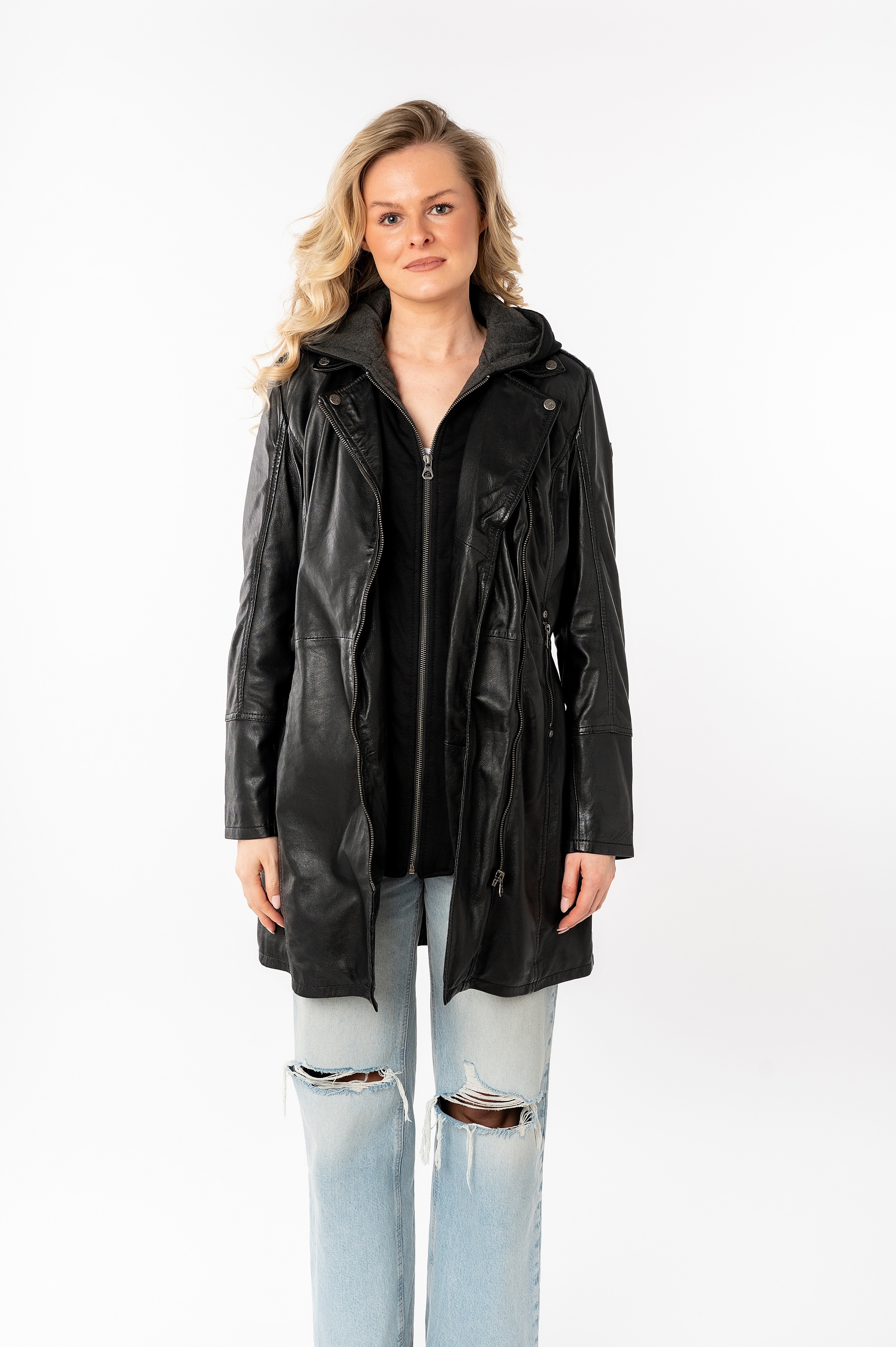 Mauritius "Seneka" lange Lederjacke mit abzippbarem Kapuzen-Einsatz günstig online kaufen