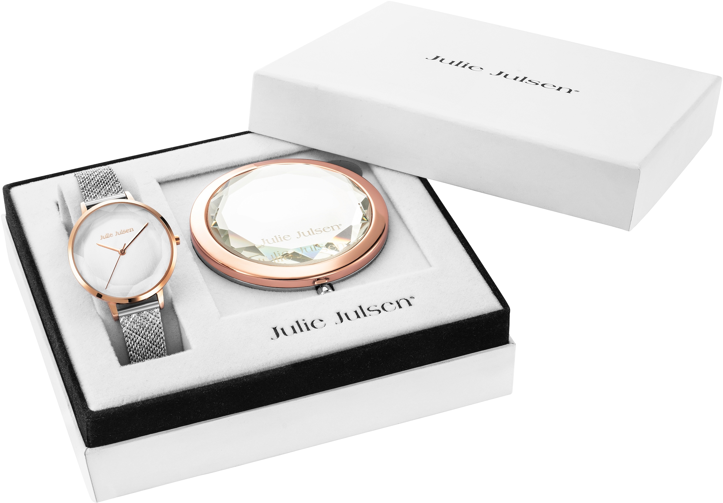 Julie Julsen Quarzuhr »Beauty Rosé Silver, JJW1176RGSME-SET«, (Set, 2 tlg., Geschenkset - Uhr mit Spiegel), Armbanduhr, Damenuhr, ideal auch als Geschenk, vergoldet