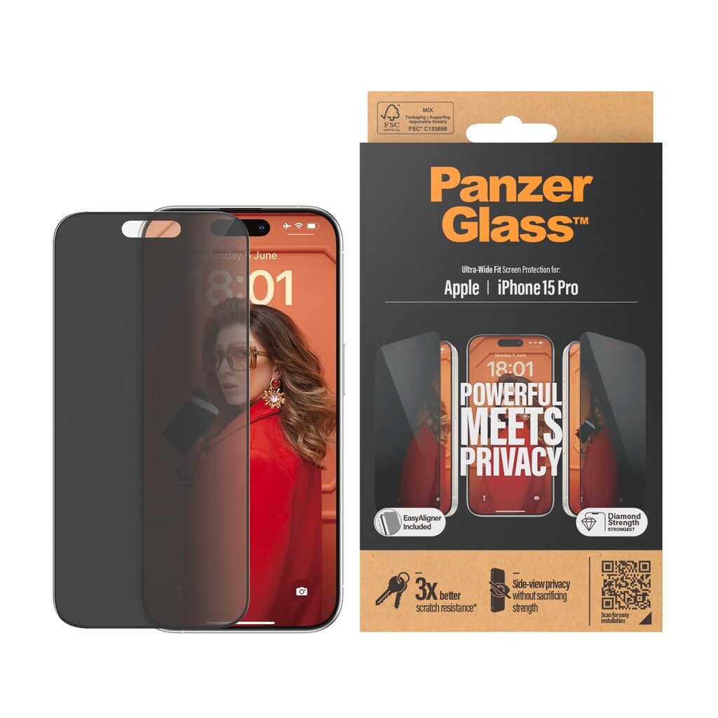 PanzerGlass Displayschutzglas »Privacy Screen Protector Glass«, für iPhone 15 Pro, Ultra Wide Fit