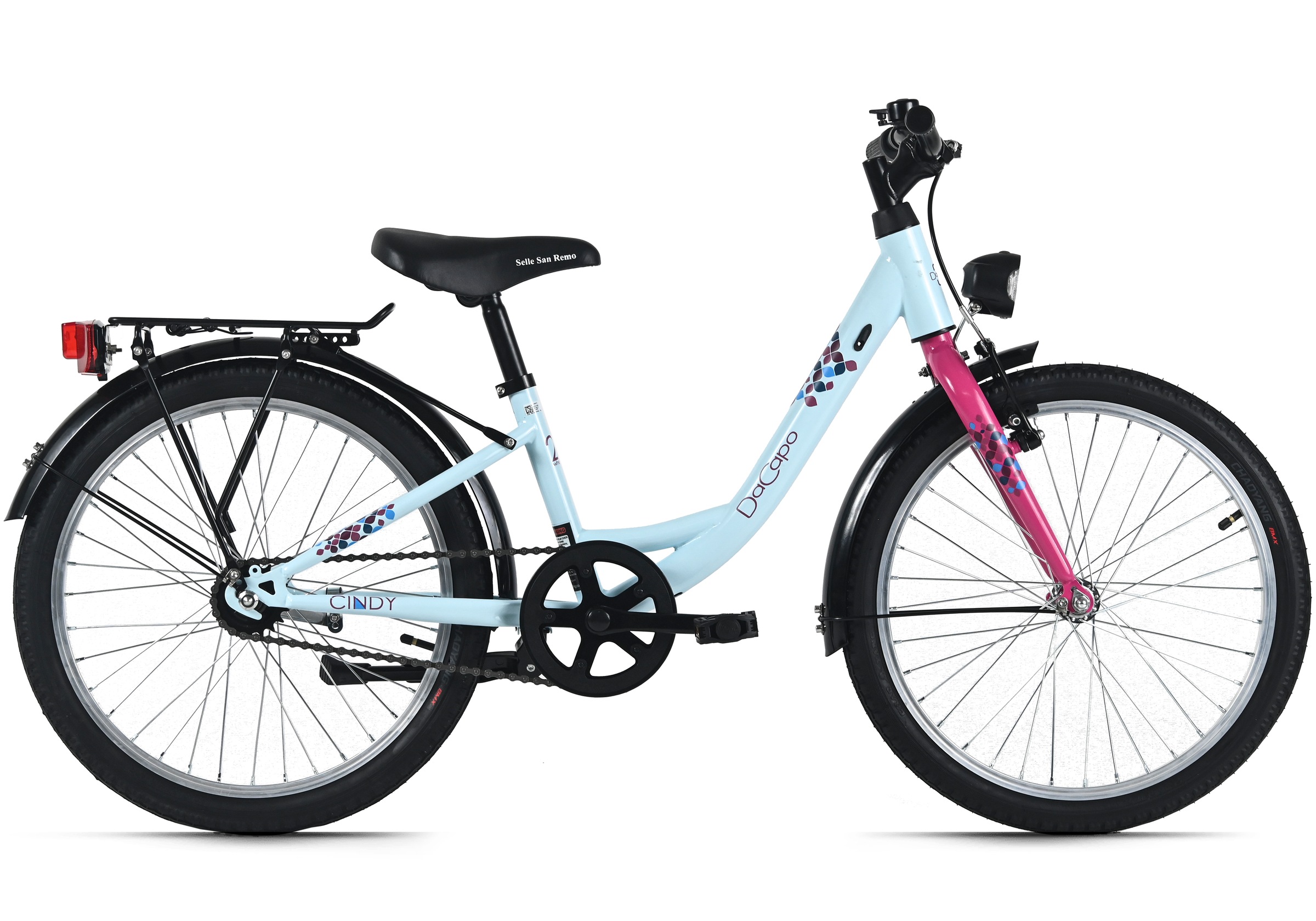 DACAPO Kinderfahrrad "20" Cindy Blau 1 Gang RH 27 cm mit Beleuchtung - Ab 6 Jahre", 27cm, 20 Zoll (50,80cm) hinten: 20 Zoll (50,80cm)blau, rosa,