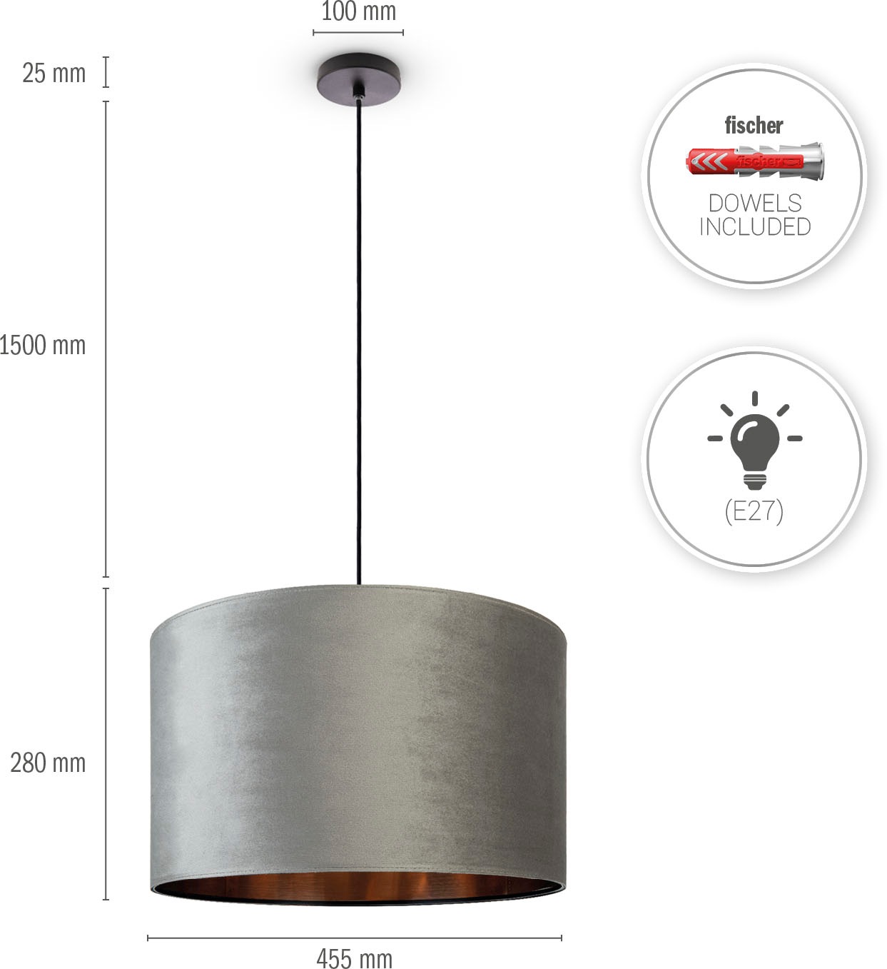 Paco Home Pendelleuchte »Hugo uni Color«, Leuchtmittel E27 | ohne Leuchtmittel, Wohnzimmer Lampenschirm aus Velour Unifarben Deko E27 Kabel 1,5m