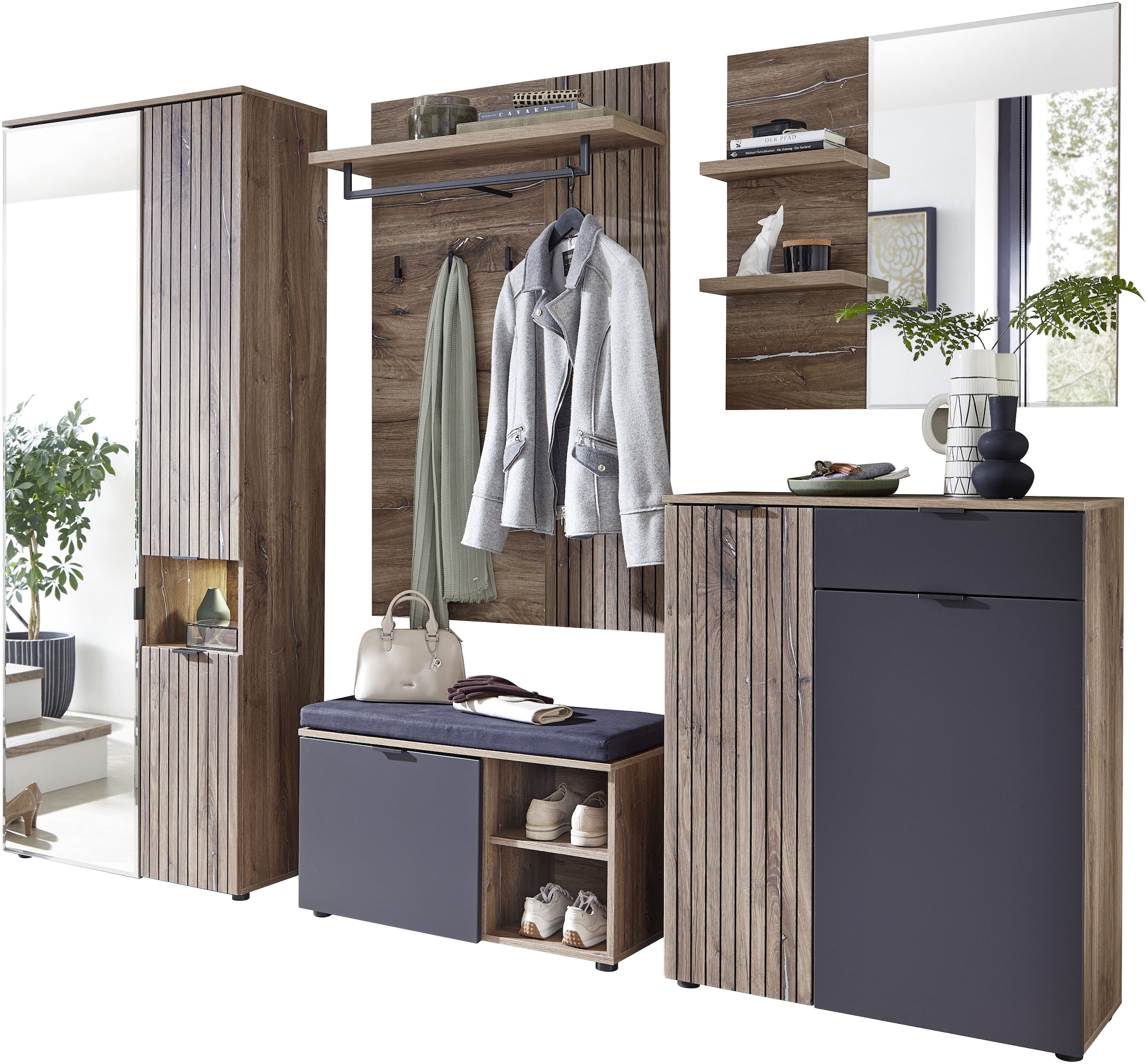 Innostyle Garderobenschrank »LINEA Garderoben Set,besteht aus 5 Typen, 266x204x38cm (B/H/T)«, (5 St.), Spiegeltür, 2 Holztüren,Led-Beleuchtung, Soft-Close,ABS-Schutzkanten