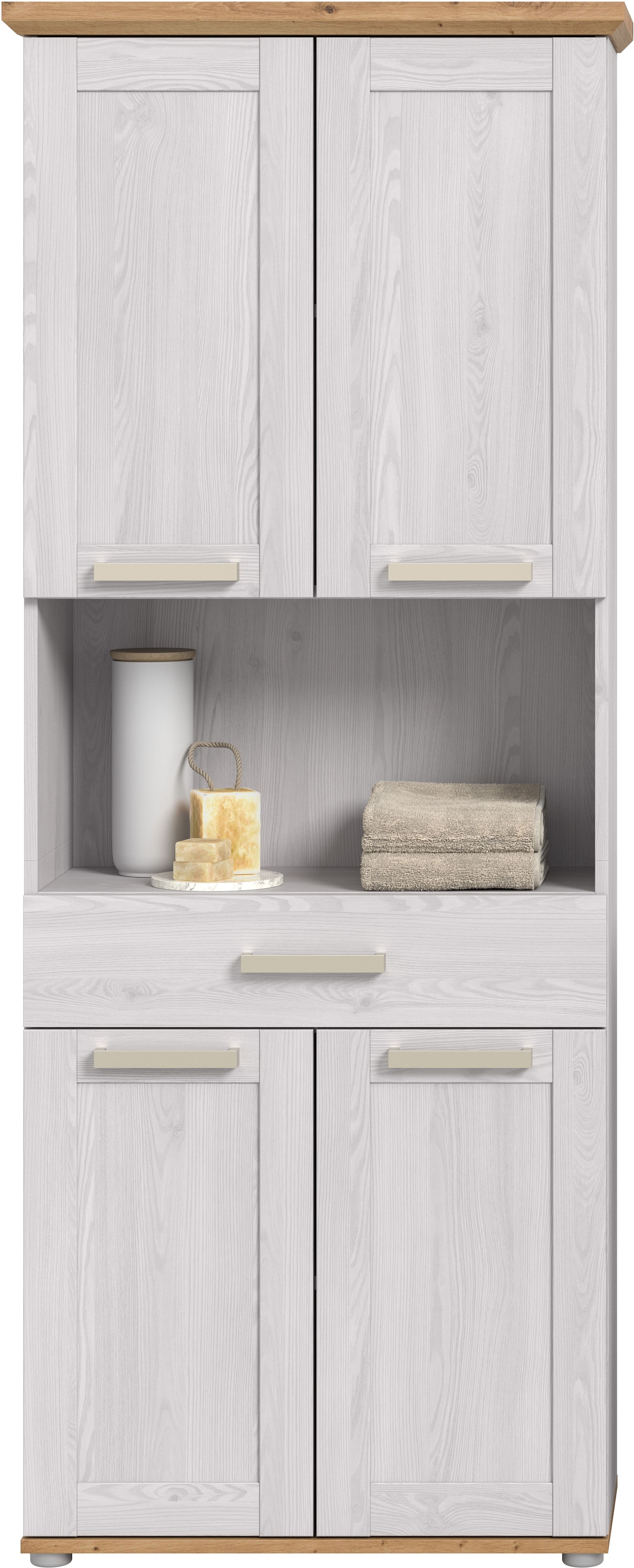 welltime Hochschrank »COSENZA, Höhe 187cm, 4 Türen, 1 Schubkasten, 1 offenes Fach« in Landhausoptik, mit weiteren Artikel der Serie kombinierbar, 1 Stk. tlg. Hochschrank, Bad, Badezimmerschrank