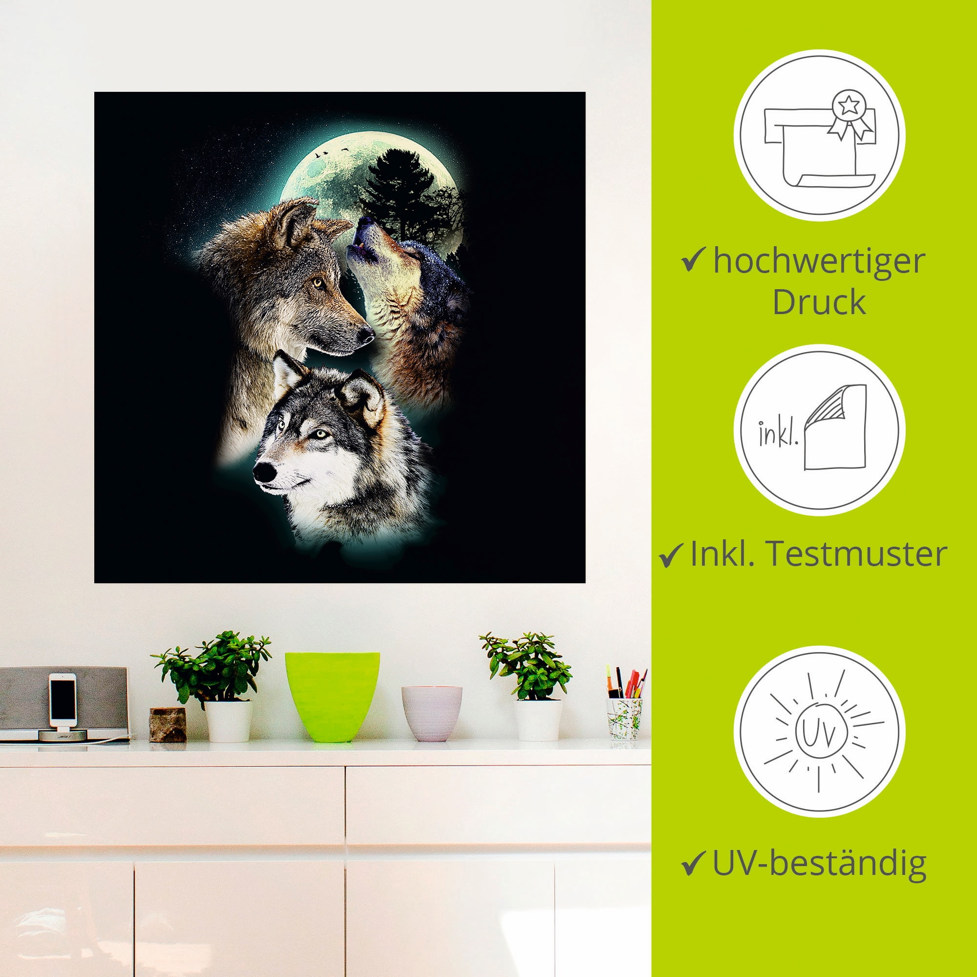 Artland Wandbild »Phantasie Wolf Wölfe mit Mond«, Wildtiere, (1 St.), als Leinwandbild, Poster, Wandaufkleber in verschied. Größen