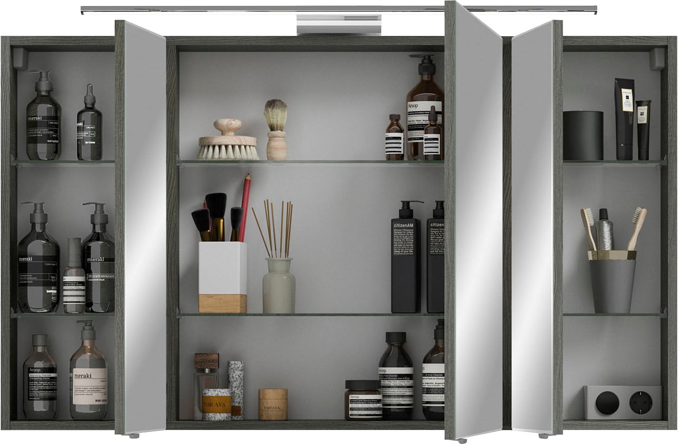 Saphir Spiegelschrank »6005 Sprint Badschrank, 3 Spiegeltüren, 6 Einlegeböden, 120 cm breit«, inkl. LED-Beleuchtung, Türdämpfer, Schalter-/Steckdosenkombination