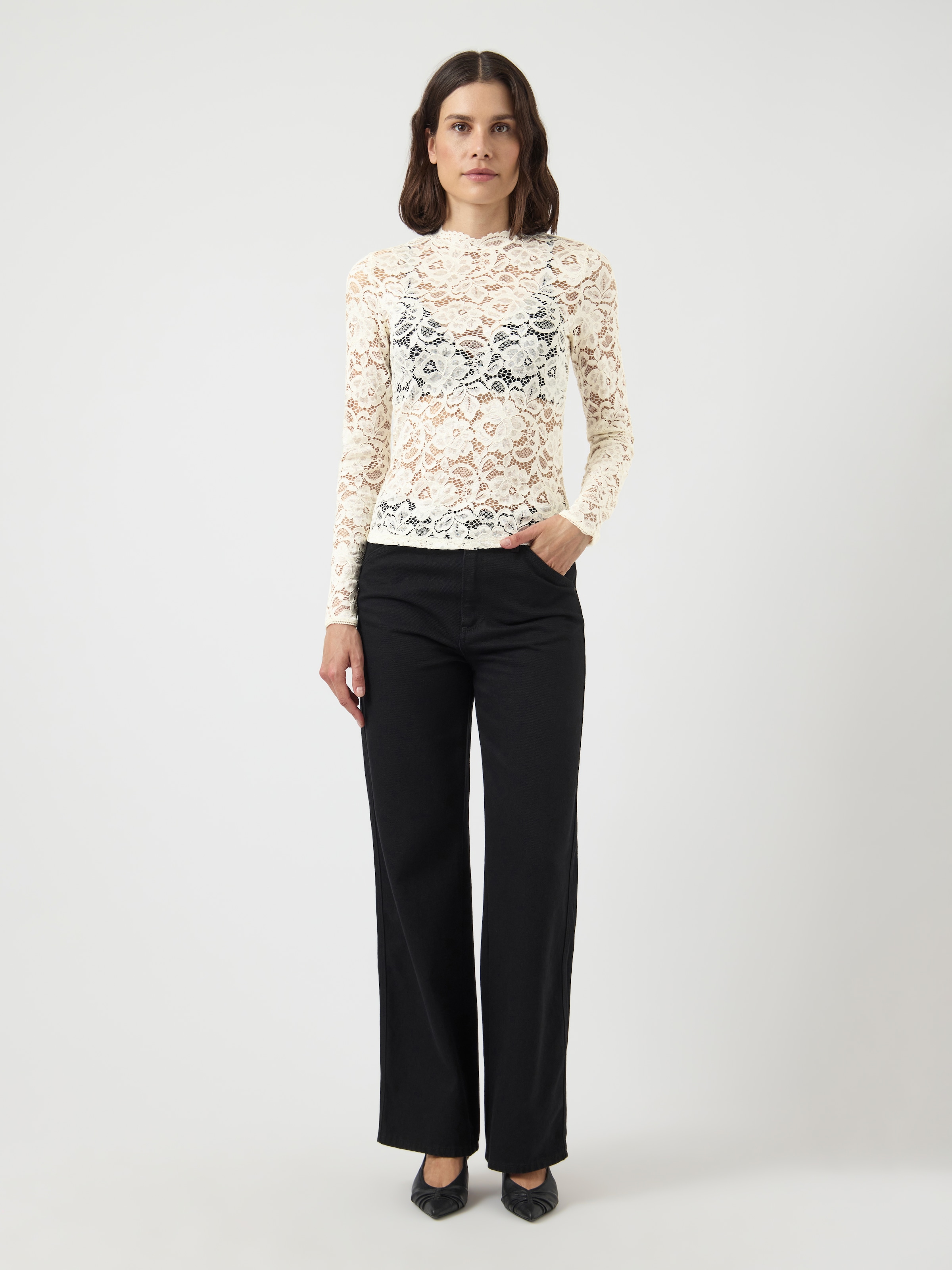 Y.A.S Langarmshirt »YASLACEY LS LACE TOP S. NOOS« Materialmix, slim fit