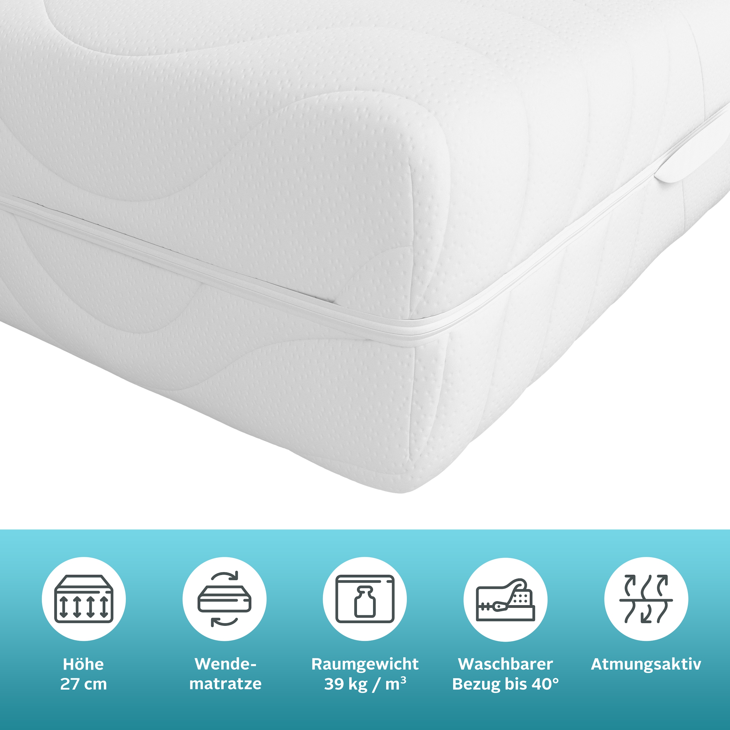 OTTO home Komfortschaummatratze »NEUHEIT, PREMIUM Tornby, 90x200 cm, 140x200 cm & mehr, atmungsaktiv« 27 cm hoch Raumgewicht: 39 kg/m³ 1 Stk. tlg. Wendematratze H2+3/H3+4/H4+5, ergonomisch, langlebige Qualität (RG 39)