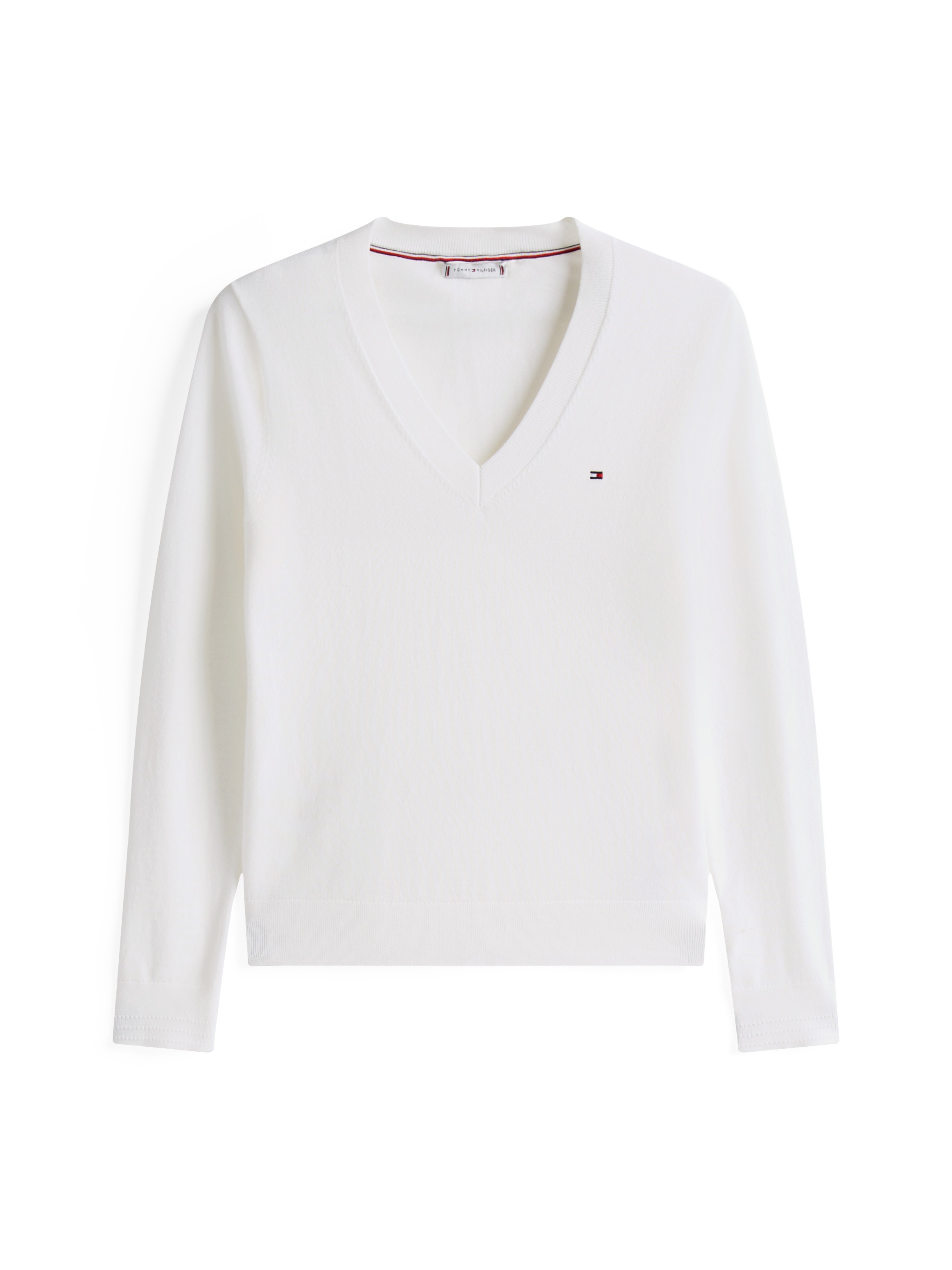 Tommy Hilfiger V-Ausschnitt-Pullover »CO JERSEY STITCH V-NK SWEATER« Kontrastfarbene Streifen im Ausschnitt und Logo Stickerei am Ärmel