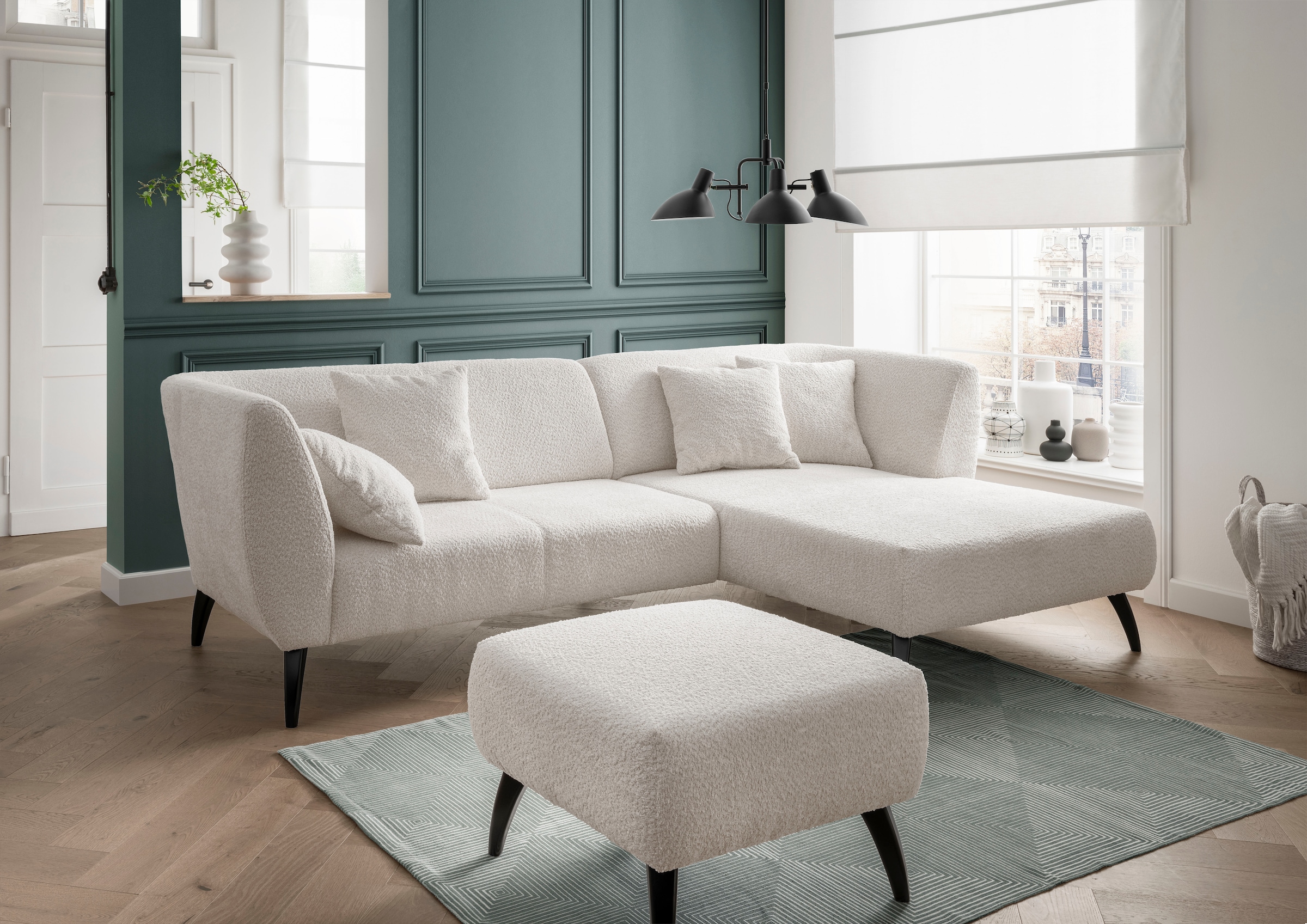 INOSIGN Ecksofa "Colori L-Form", Holzfußfarbe wählbar, inkl. 4x Zierkissen günstig online kaufen