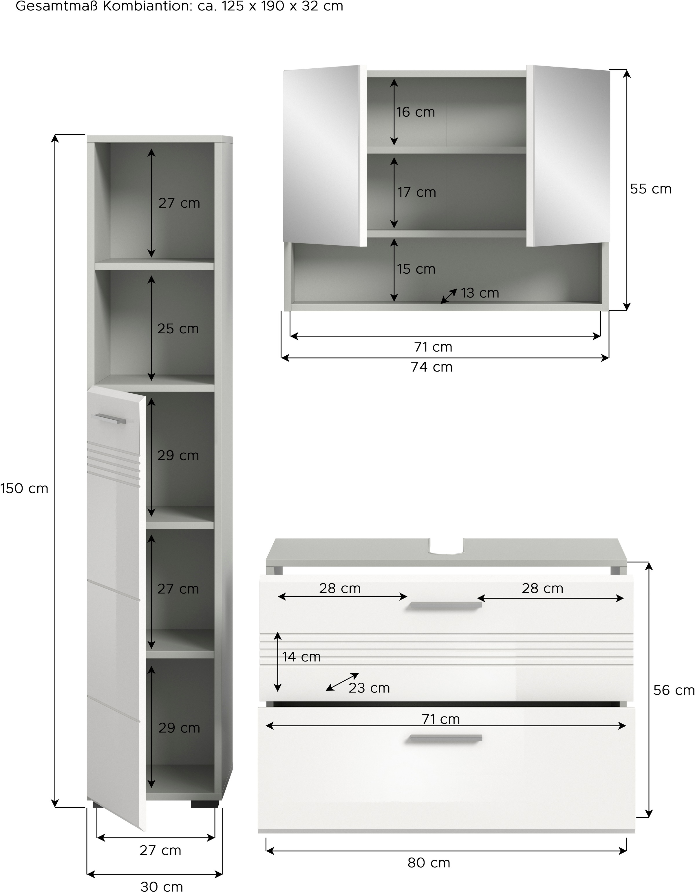 welltime Badmöbel-Set »Calicio, bestehend aus:Waschbeckenunterschrank,Hoch-und Spiegelschrank«, (3 St.), Spiegelschrank, hochwertige MDF Front mit Rillenfräsung
