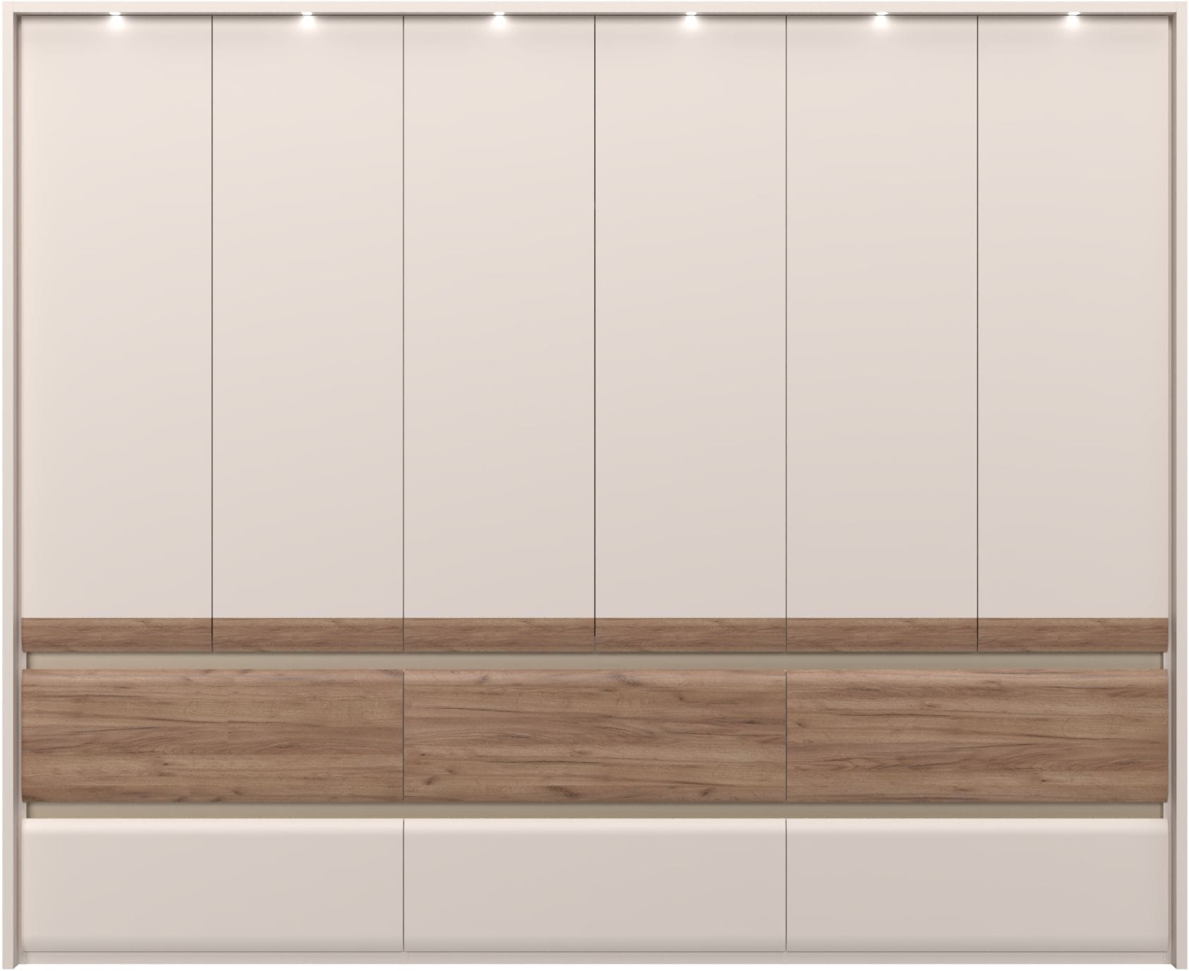 OTTO home Kleiderschrank "Invictus, UV lackiert, kratzfest, FSC-zertifiziert, grifflose Optik" abgerundete Schubladen aus MDF im Holzdekor, soft-close, mit Beleuchtung und Passpartourahmen, hoher Schrank (226cm), 6 Breiten