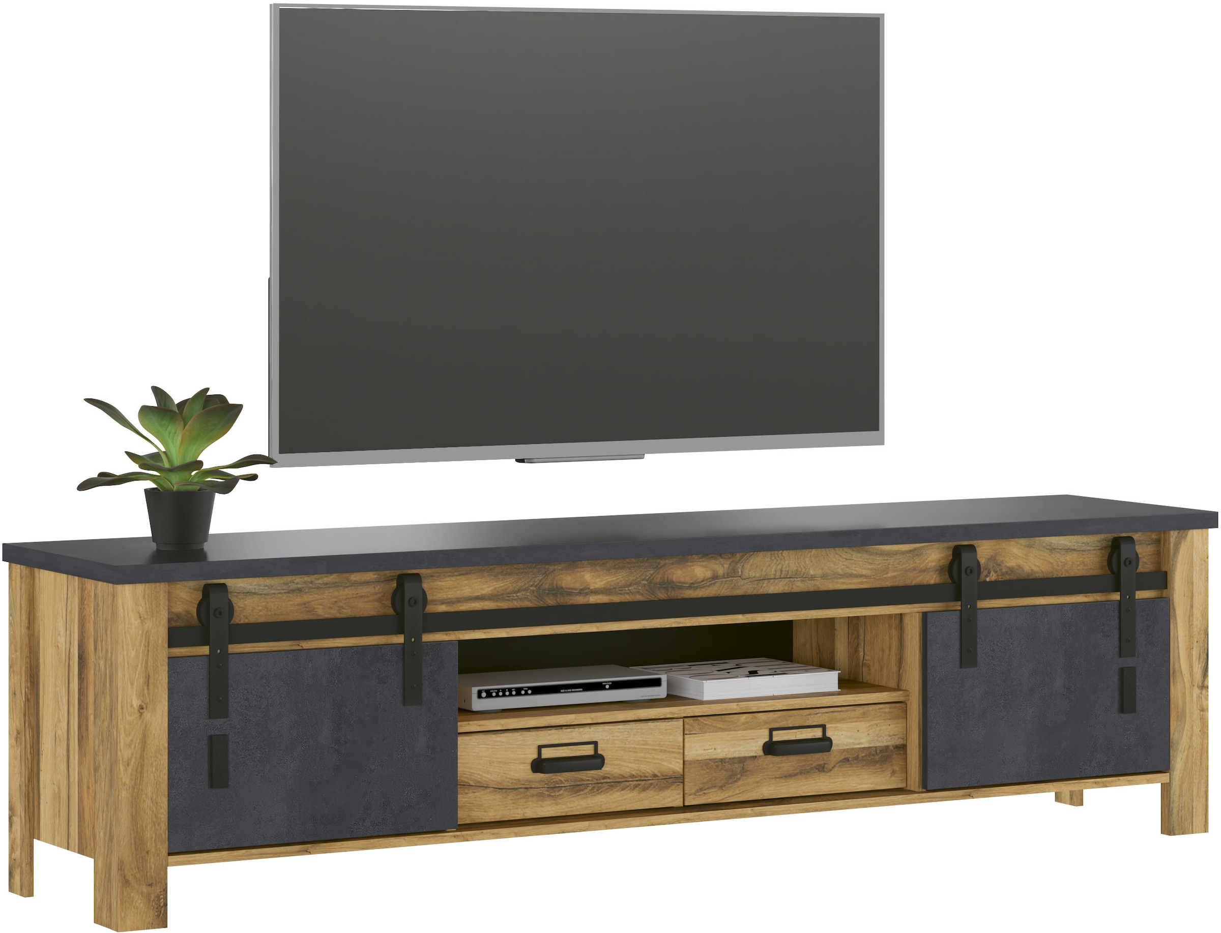 Home affaire TV-Schrank »York, moderner Unterschrank, Kommode im Industrialdesign«, mit Apothekergriffen & Scheunentorbeschlägen aus Metall, 201 cm breit