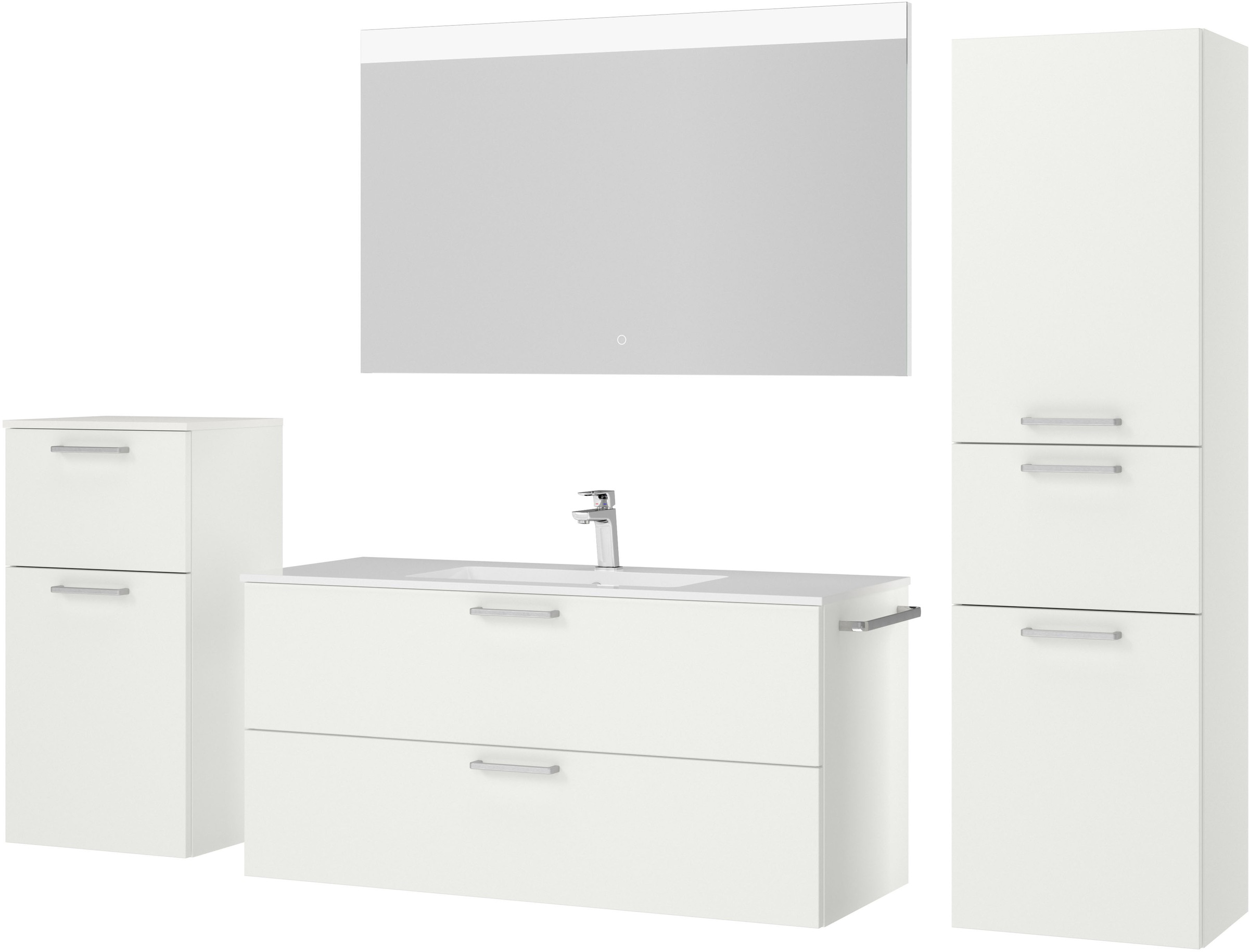 nobilia® Badmöbel-Set »Tolvina«, (4 St., vormontiert, mit Soft-Close), inkl. Spiegel mit Touch-Sensor, in vier Breiten