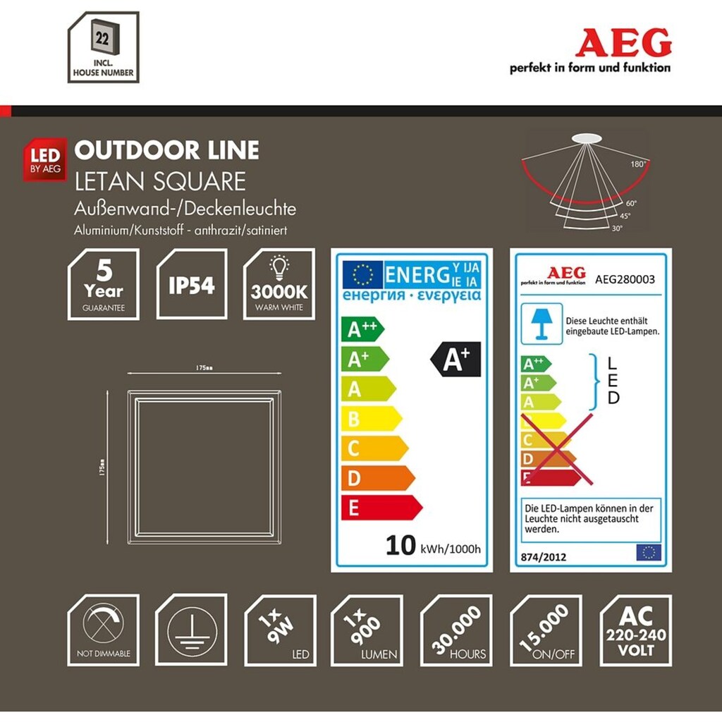 AEG LED Außen-Wandleuchte »LETAN«, 1 flammig-flammig