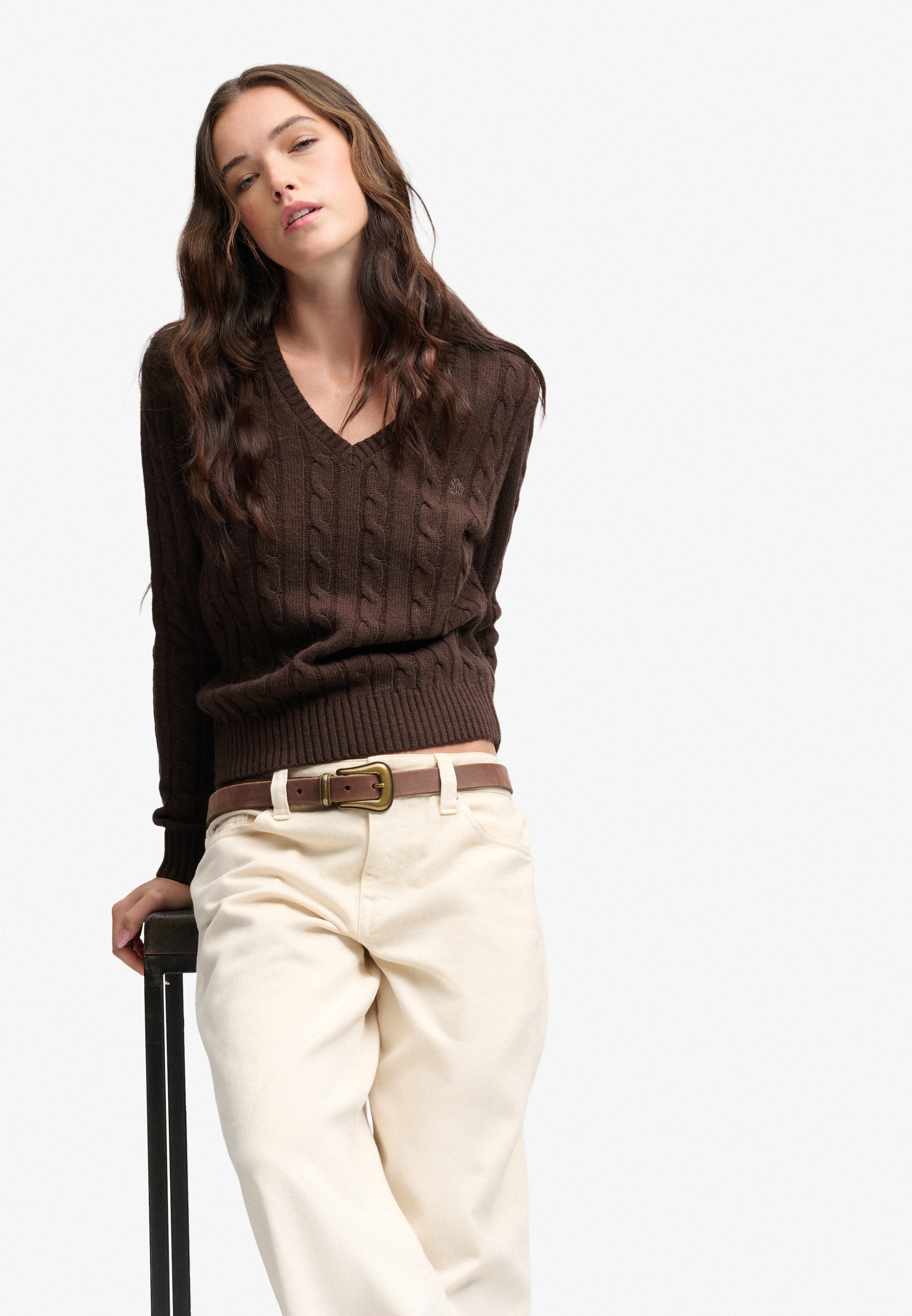 Superdry V-Ausschnitt-Pullover »WOOL BLEND CABLE V NECK« Materialmix, hochwertig mit Woll-Anteil