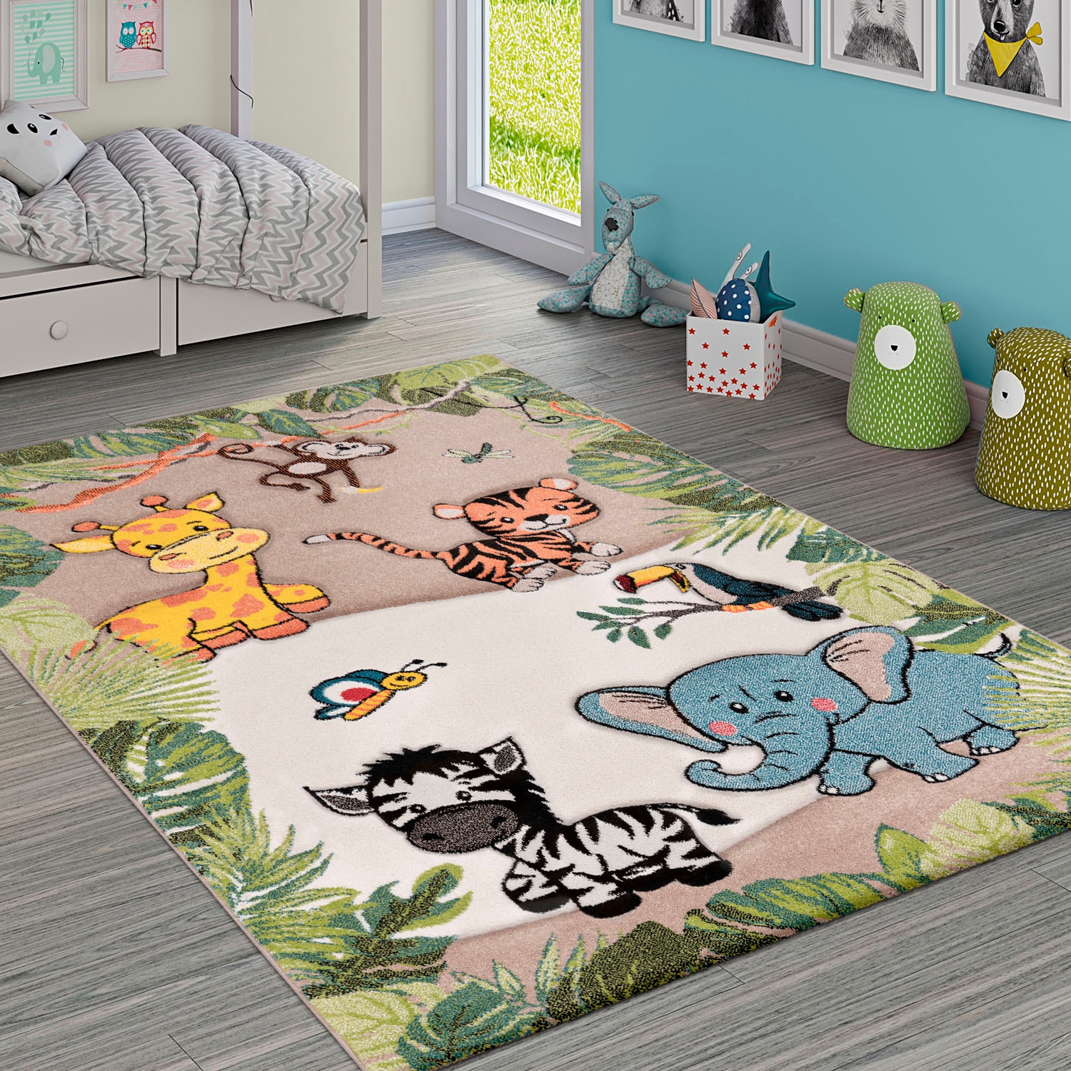 Paco Home Kinderteppich "Diamond 644", rechteckig, 18 mm Höhe, 3D-Design, Motiv Dschungel Tiere, Kinderzimmer