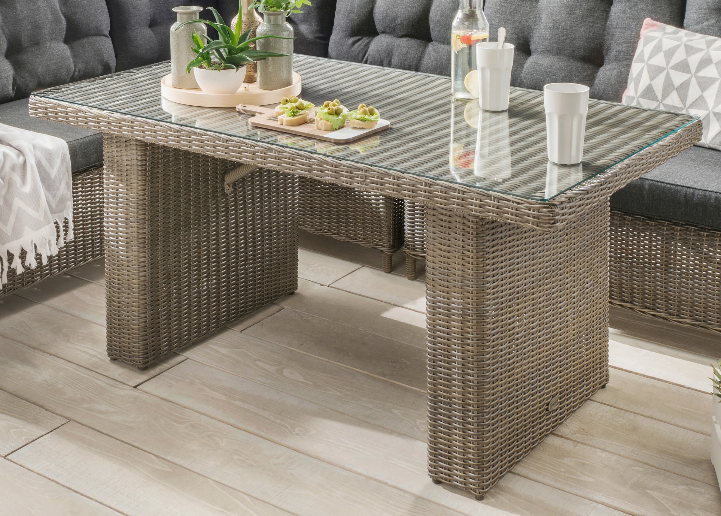Destiny Garten-Essgruppe »PALMA«, (19 tlg., 2x Schenkel, 1x Eckmodul, 1x Singlemodul, 1x Tisch, inkl. Auflagen), Aluminium, Polyrattan