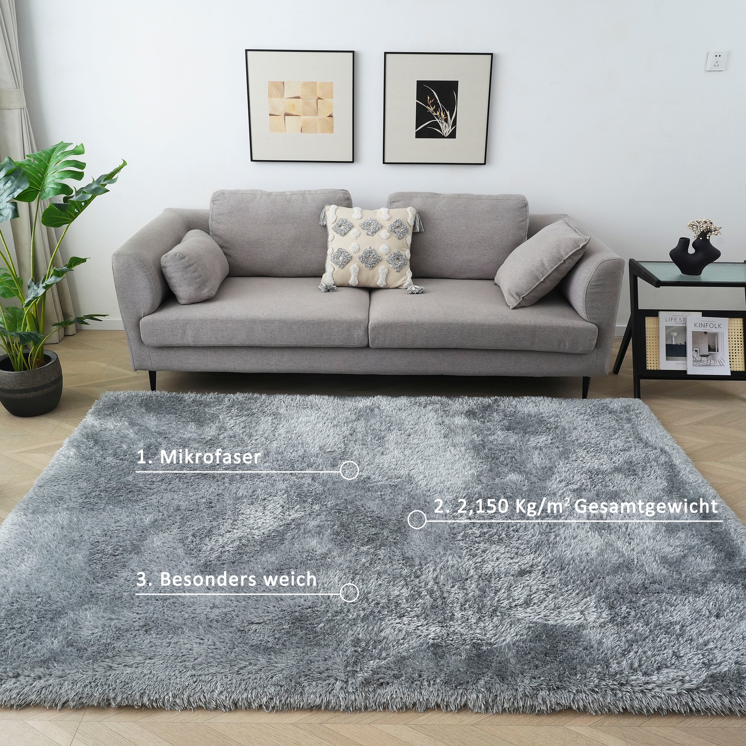 Hochflor-Teppich OTTO HOME "Micro Shaggy, aus weicher Mikrofaser" Gr. 33, grau, B:115cm H:53mm L:160cm, Kunstfaser, Teppiche, weich, flauschig, Uni-Farben, Wohnzimmer, Schlafzimmer, Kinderzimmer 3