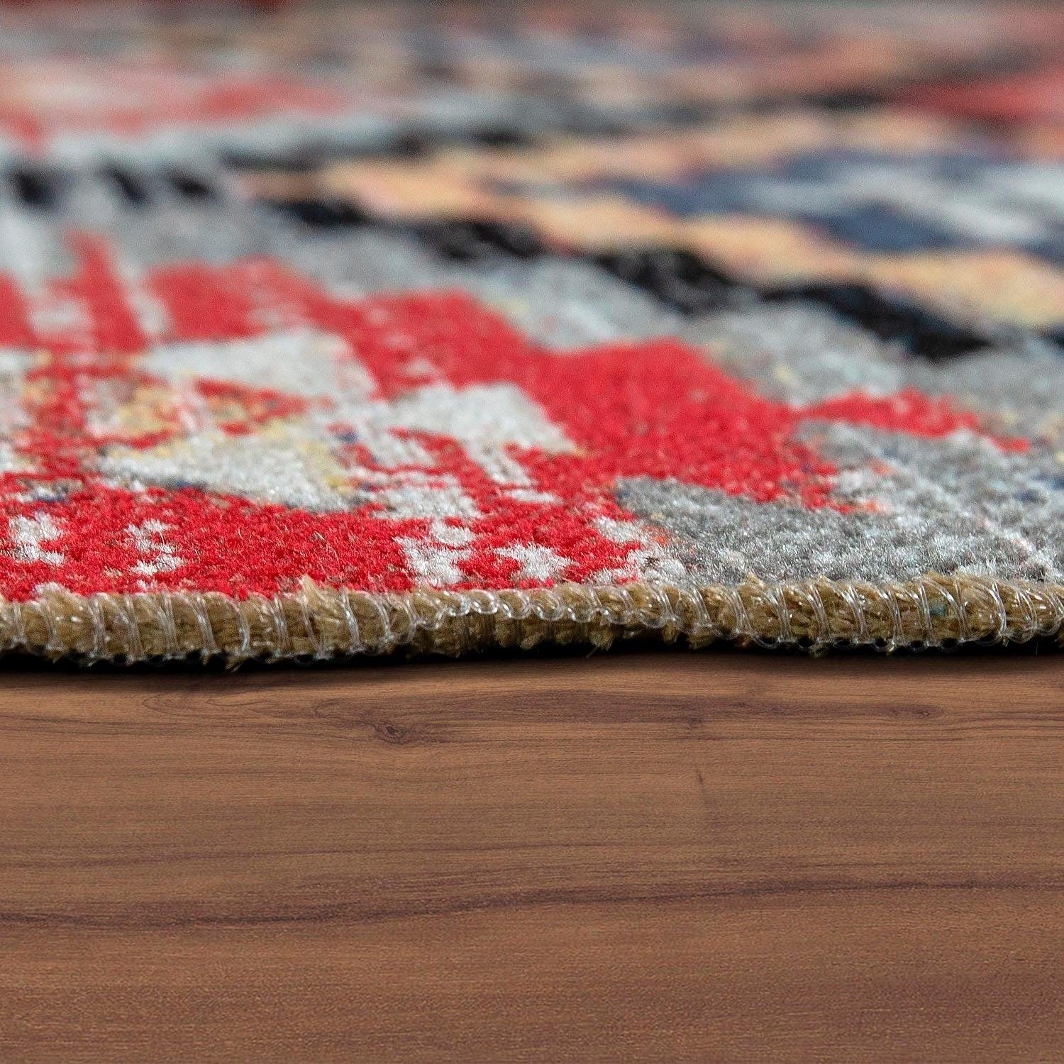 Paco Home Teppich "Artigo 405" rund 4 mm Höhe Kurzflor, Rauten Muster, Vint günstig online kaufen