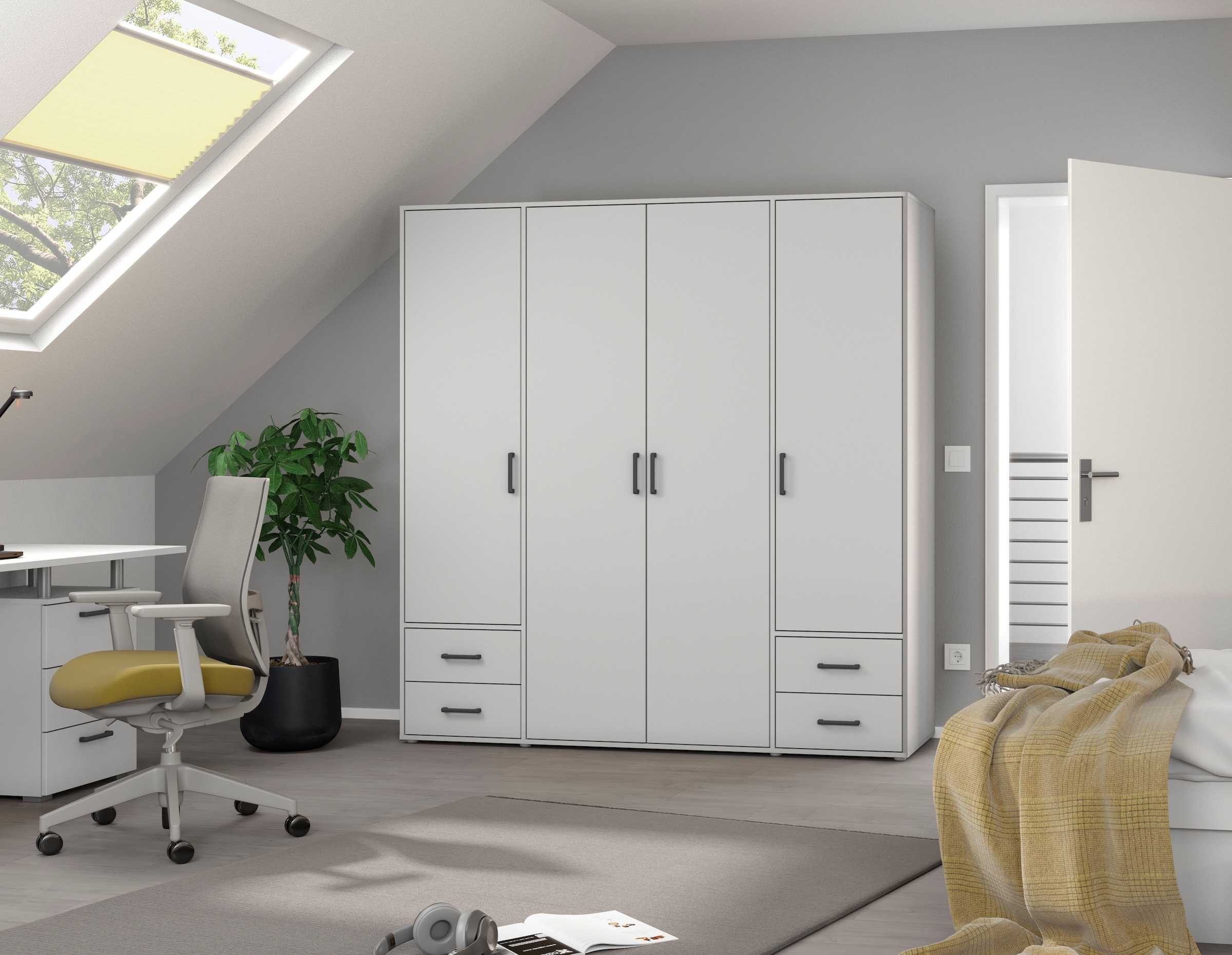 rauch Drehtürenschrank »Kleiderschrank Schrank Garderobe Wäscheschrank VOYAGER«, (in 3 verschiedenen Ausstattungen BASIC/CLASSIC/PREMIUM), moderne Griffe in Graumetallic mit Außenschubkästen MADE IN GERMANY