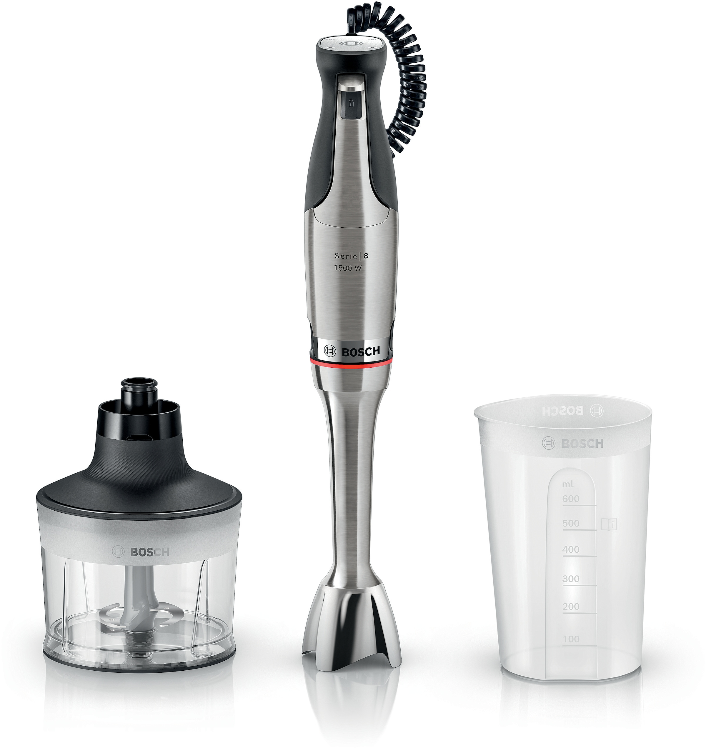 BOSCH Stabmixer "ErgoMaster Serie 8, MSM8M930, Zerkleinerer, Spiralkabel, Becher" 1500 W 6 Klingen Edelstahl, Keramikkupplung, luftgekühlter Motor
