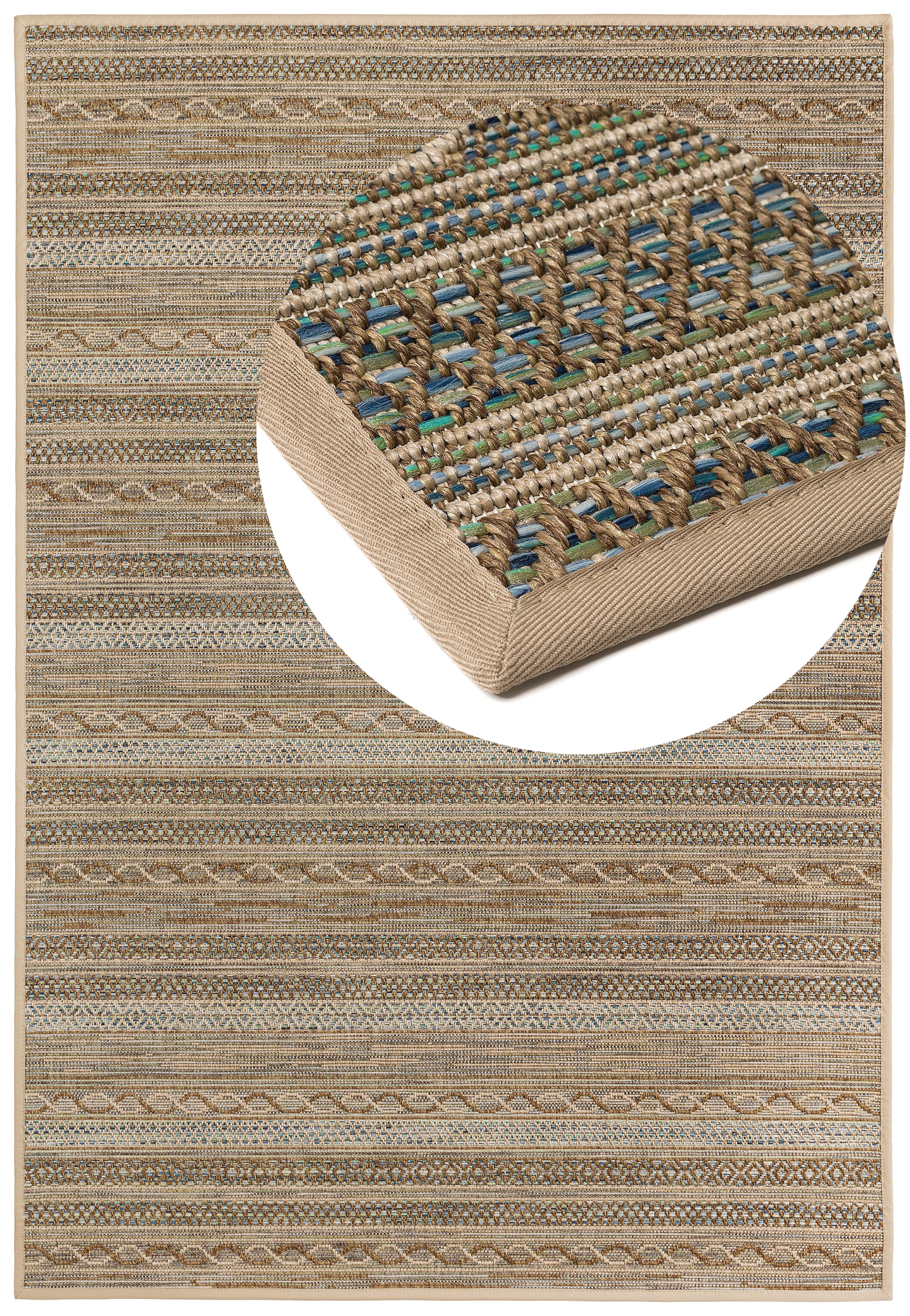 Teppich DEKOWE "Joy Barbados beig", natur, B:67cm H:10mm L:133cm, Kunstfaser, Teppiche, Teppich, meliert, gestreift, Rauten, mit Bordüre, In- und Outdoor geeignet