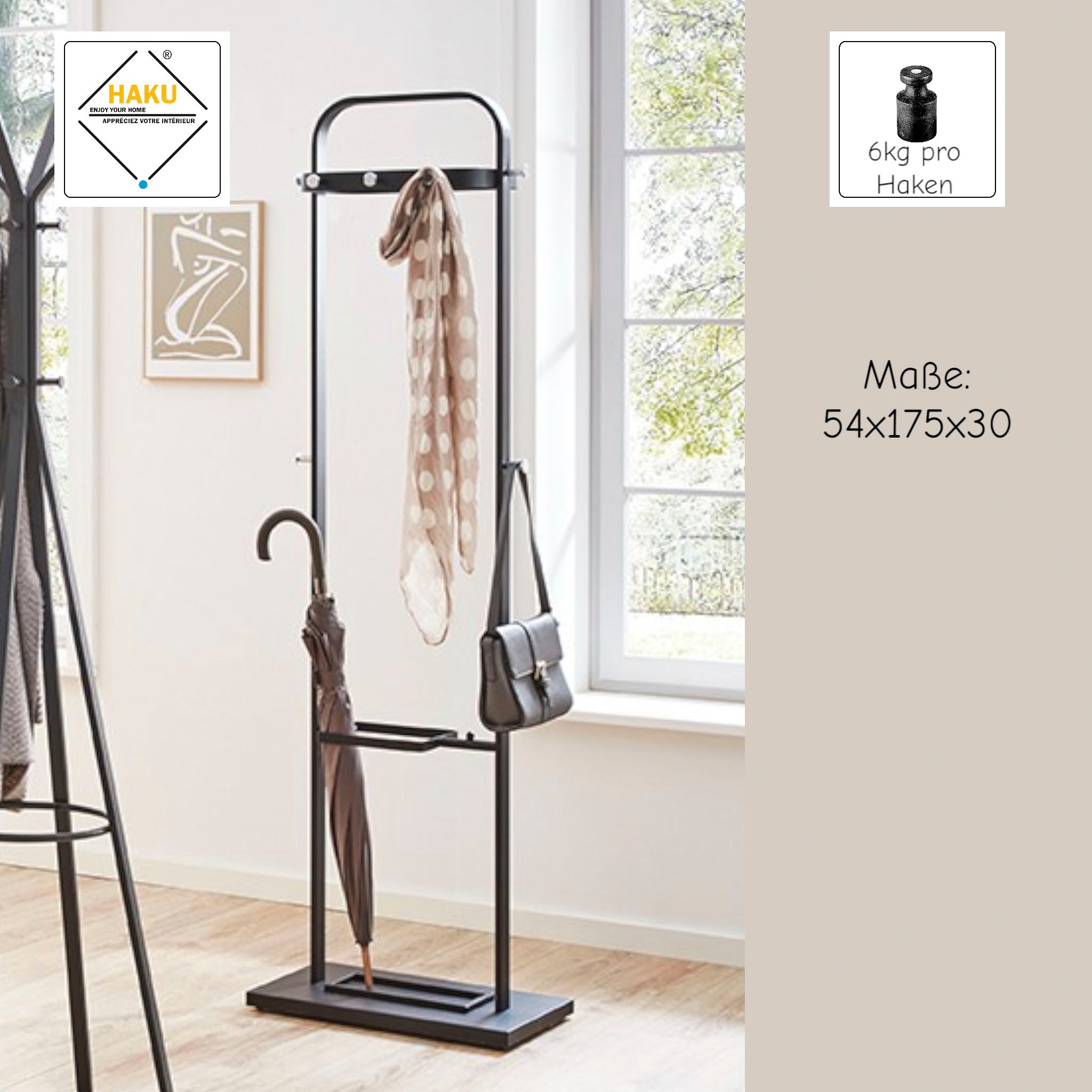HAKU Garderobenständer »Kleiderständer, Standgarderobe« rechteckig - aus Metall Schwarz - B/T/H 54/30/175 cm