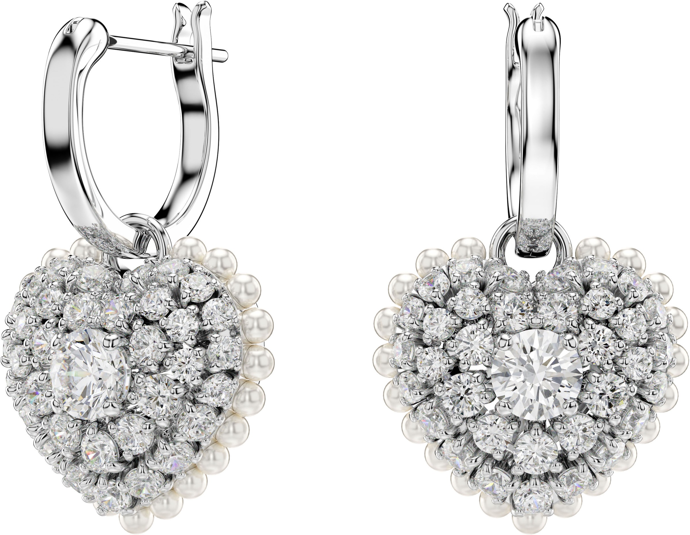 Paar Creolen SWAROVSKI "Idyllia E Heart Drop Herz", silber (metallfarben, kristallweiß, weiß, kristallweiß), Ohrringe, Damen, Metall Perlen, Metall, Perlen, mit Swarovski Kristall - mit Swarovski Perle - Einhänger abnehmbar 6