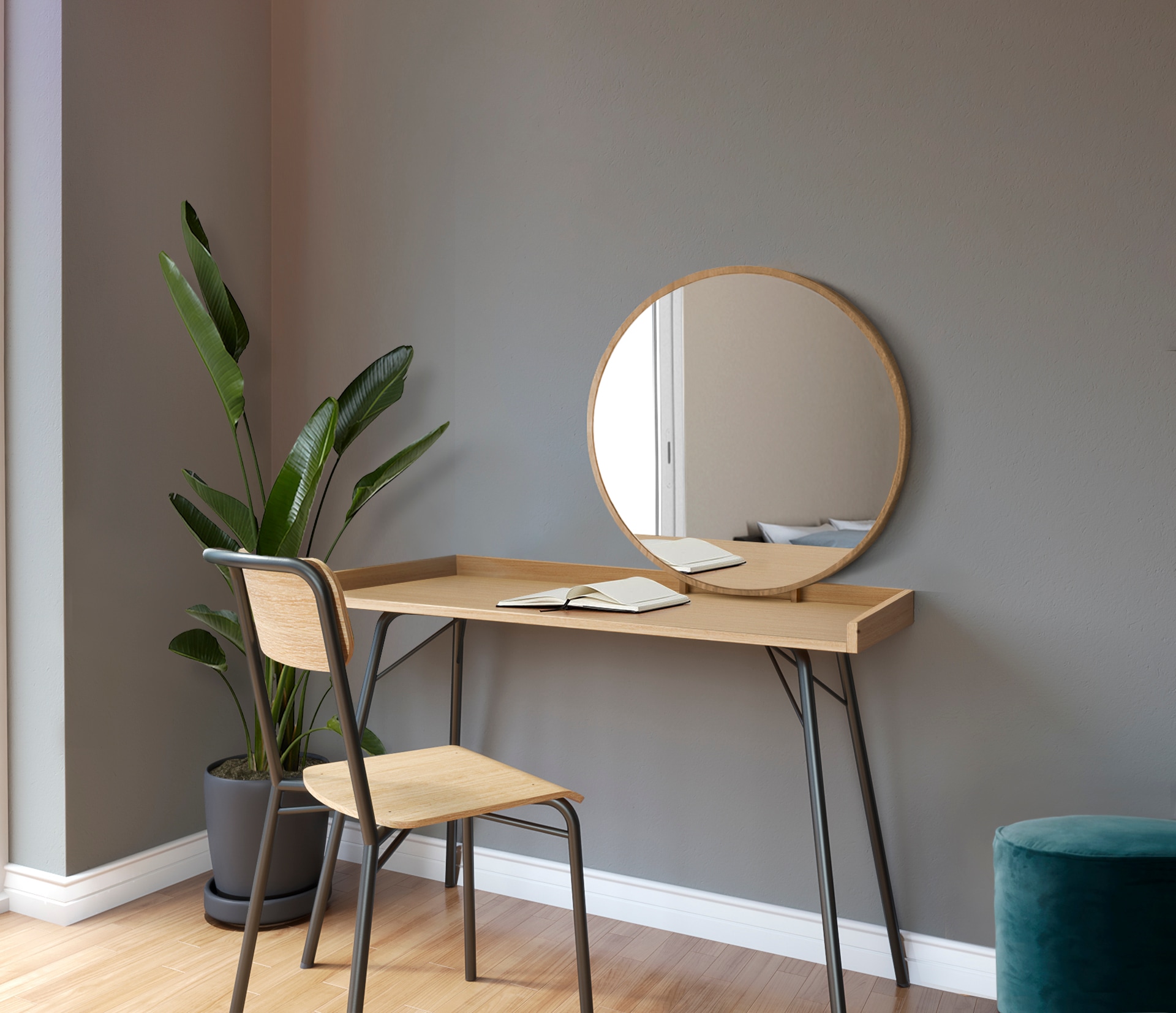 OTTO home Schminktisch "Birmingham Frisiertisch mit Spiegel Ø 71 cm, Arbeitsplatte 110/50 cm" besonderes Design, Breite 115 cm, FSC-zertifiziert
