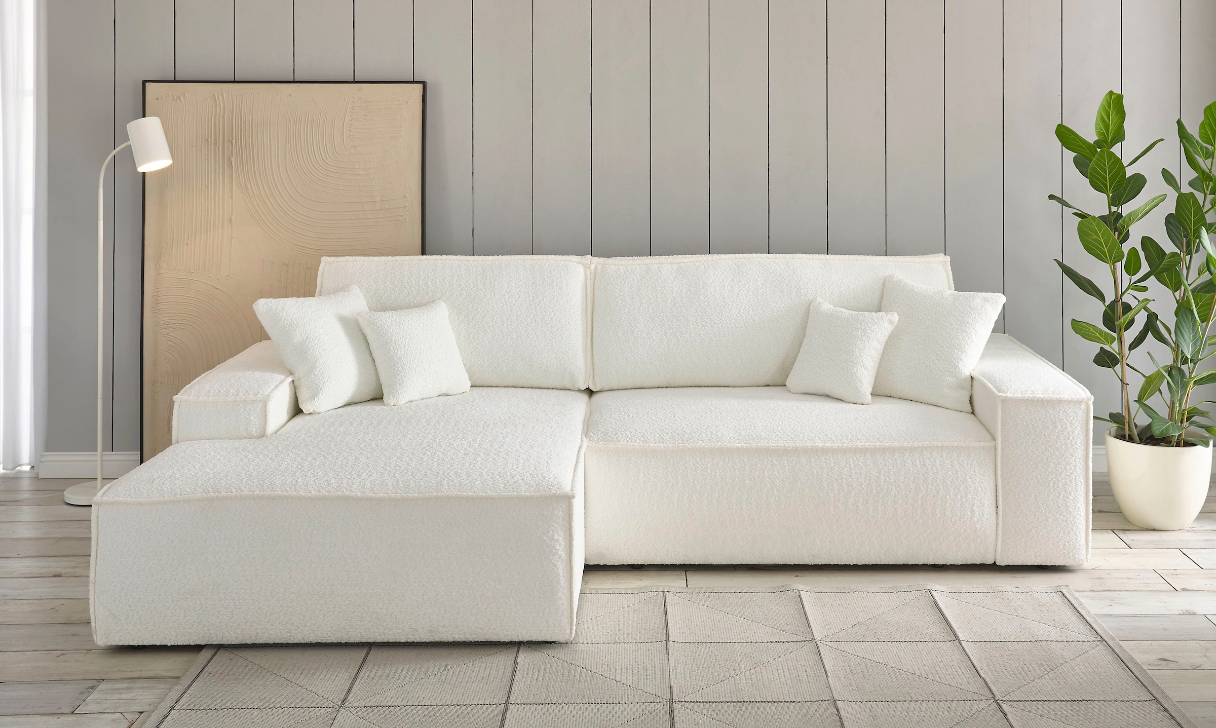 OTTO home Ecksofa "FINNLEY Bouclé, L-Form 257 cm, Schlafsofa" mit Bettkasten, in Bouclé, Struktur fein und Mega Cord