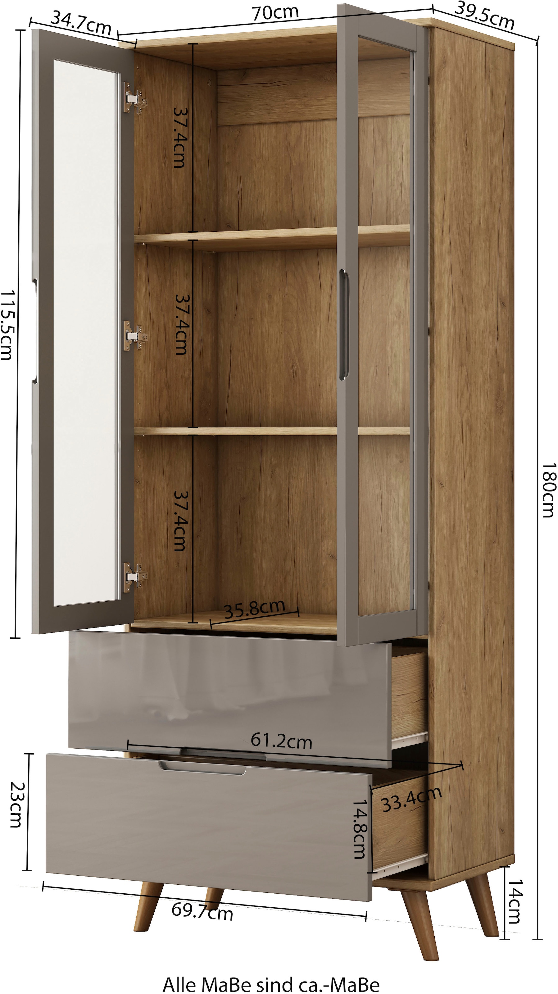 OTTO home Highboard »Lund« mit glänzenden Fronten, Glastüren, helles Holzdekor, Breite 70 cm