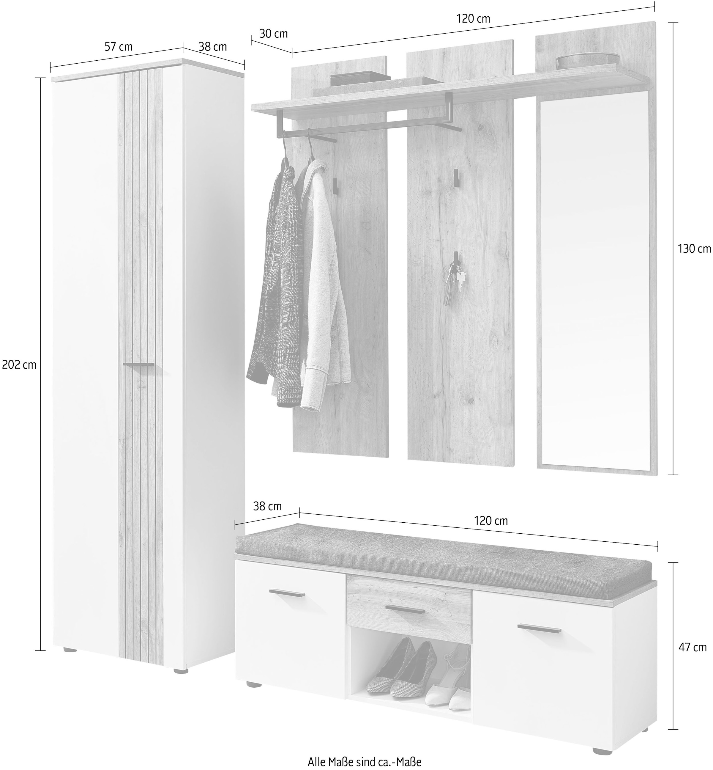 Innostyle Garderoben-Set »Garderobenset Sparks, 192x202x38cm (B/H/T)«, (3 St.)