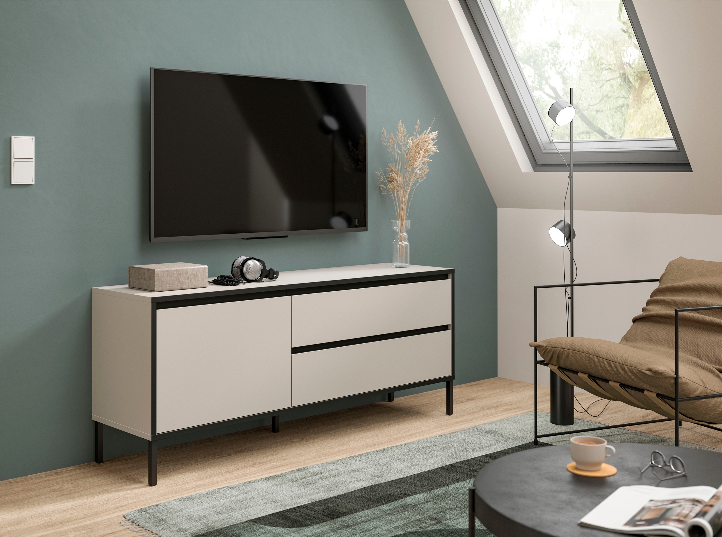 INOSIGN Lowboard »NORT, Breite: 150cm, mit Metall Stabfuß, 1 Klappe, 2 Schubkästen«, TV-Lowboard, Mediaschrank, Mediaboard, TV-Schrank, Schrank, Board
