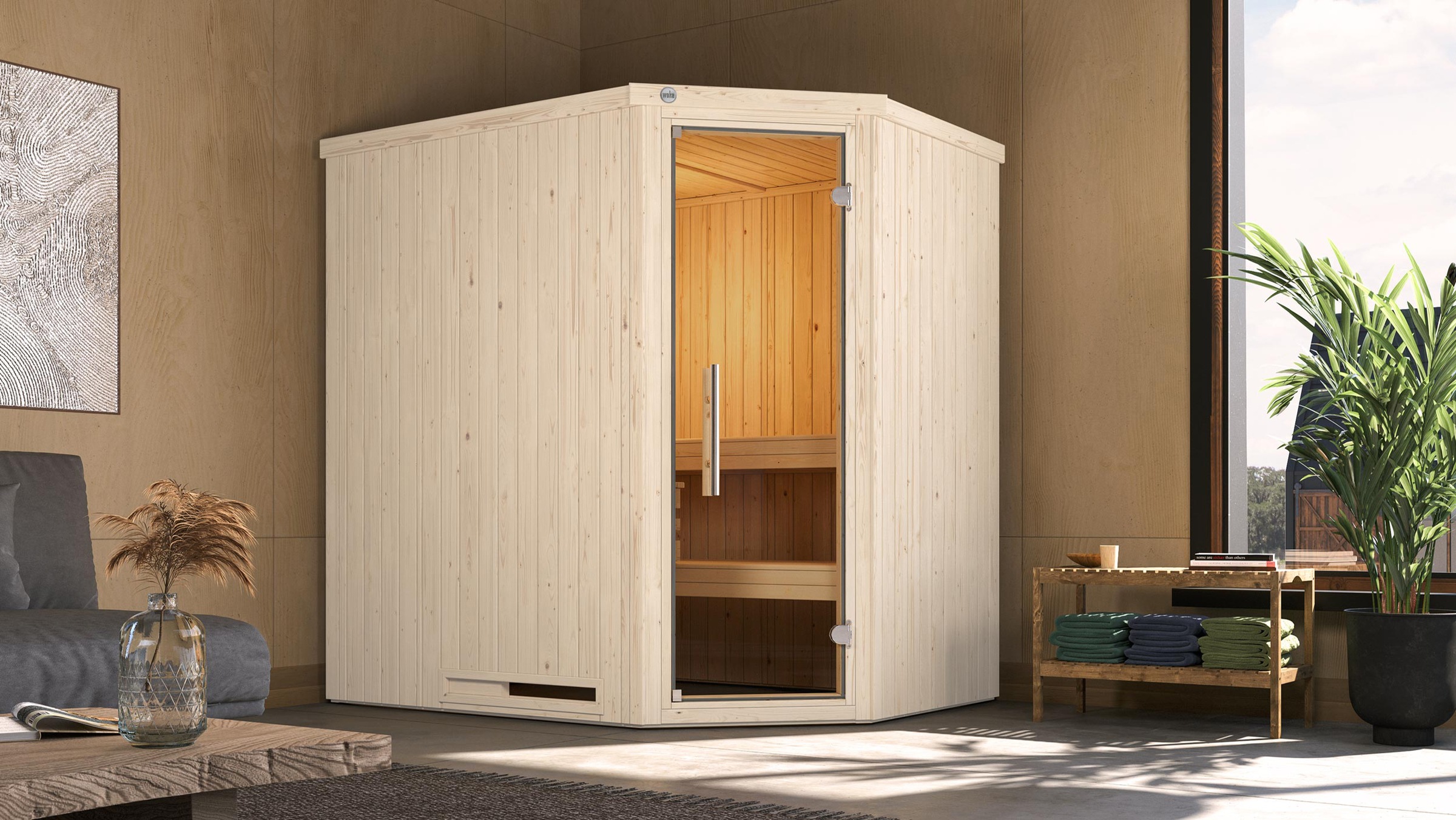weka Sauna »Element-Ecksauna VARBERG 1«, vorgefertigte Elemente, moderne Ganzglastür