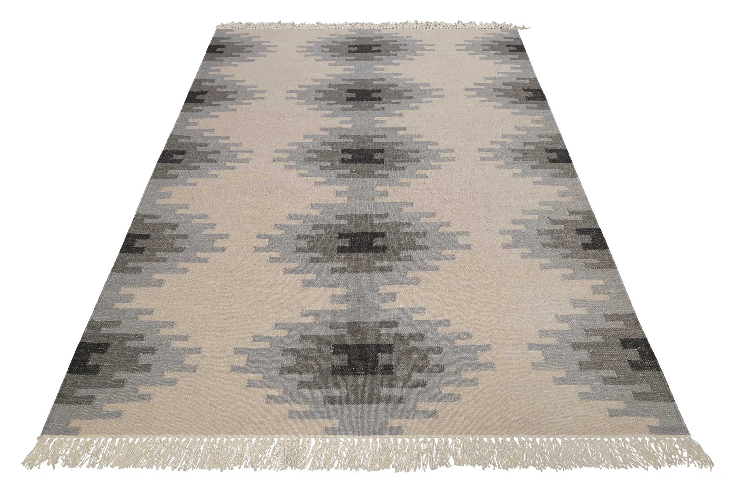 Thumbnail - Green Looop Wollteppich "Belle" rechteckig 5 mm Höhe Fransen, Kelim, handgewebt, Natur, Wohnzimmer, Schlafzimmer, Raute