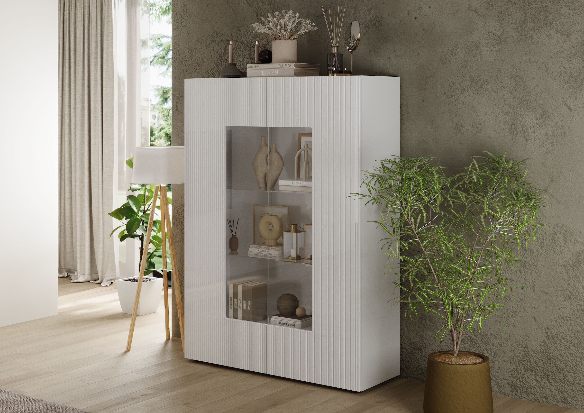 INOSIGN Vitrine »RIO, Höhe 166 cm, Hochschrank mit 2 Türen, Anrichte, Standvitrine«, geriffelte Front, modern u. elegant, viel Stauraum