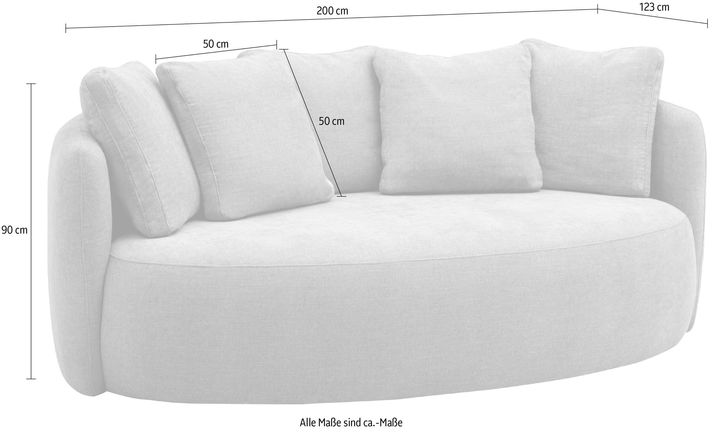 OTTO products 2,5-Sitzer »Kaarl, rundes Loungesofa, Sofa mit Kissen, perfekt gepolstert« Webstoff, in fünf Farben, zeitloses Design, inkl. 5 Rückenkissen
